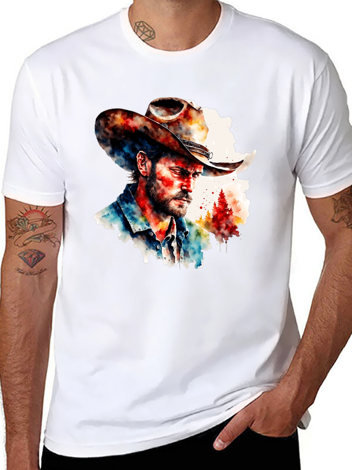 Camiseta Negra con Diseño Vaquero Acuarela