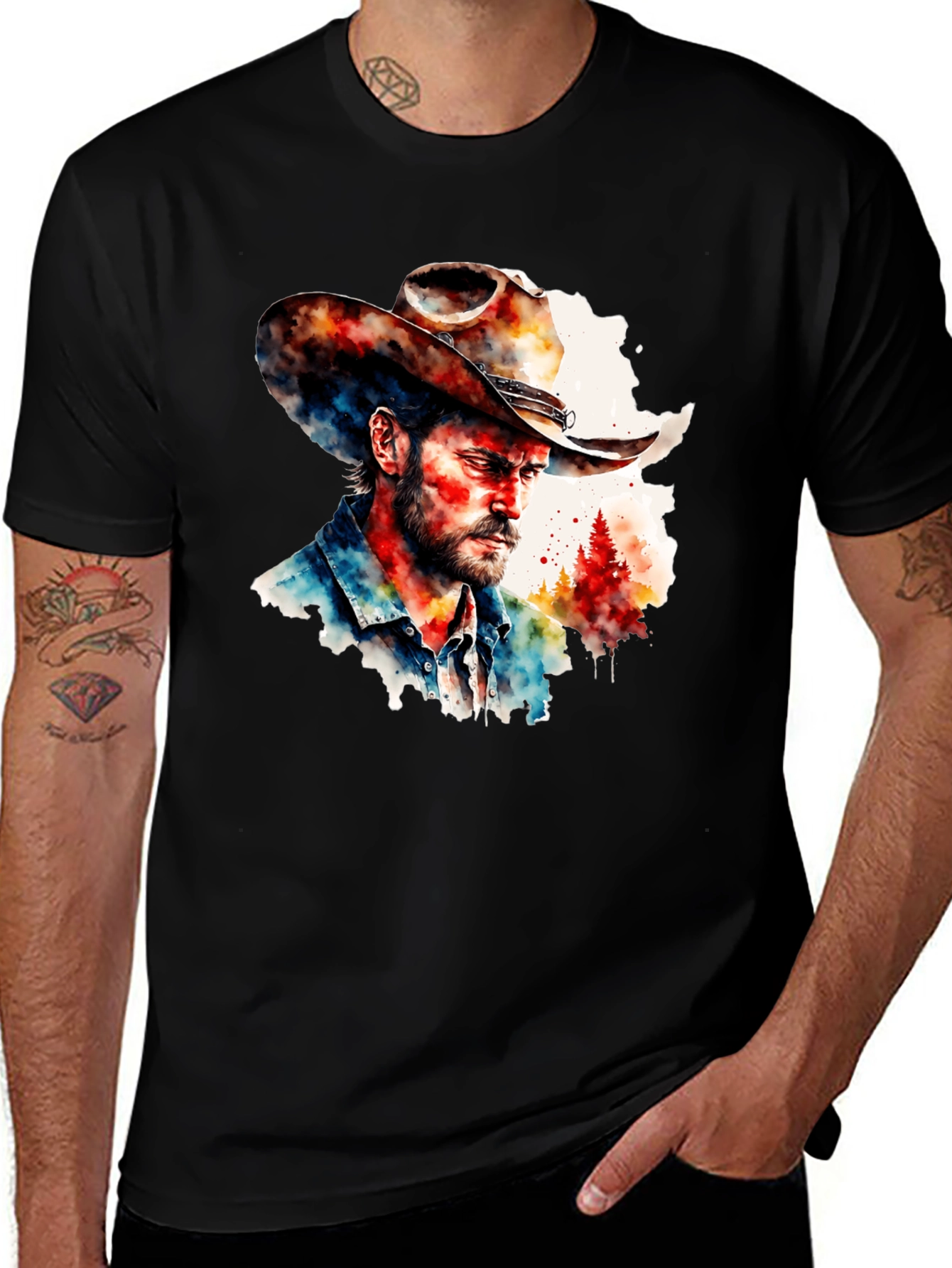 Camiseta Negra con Diseño Vaquero Acuarela