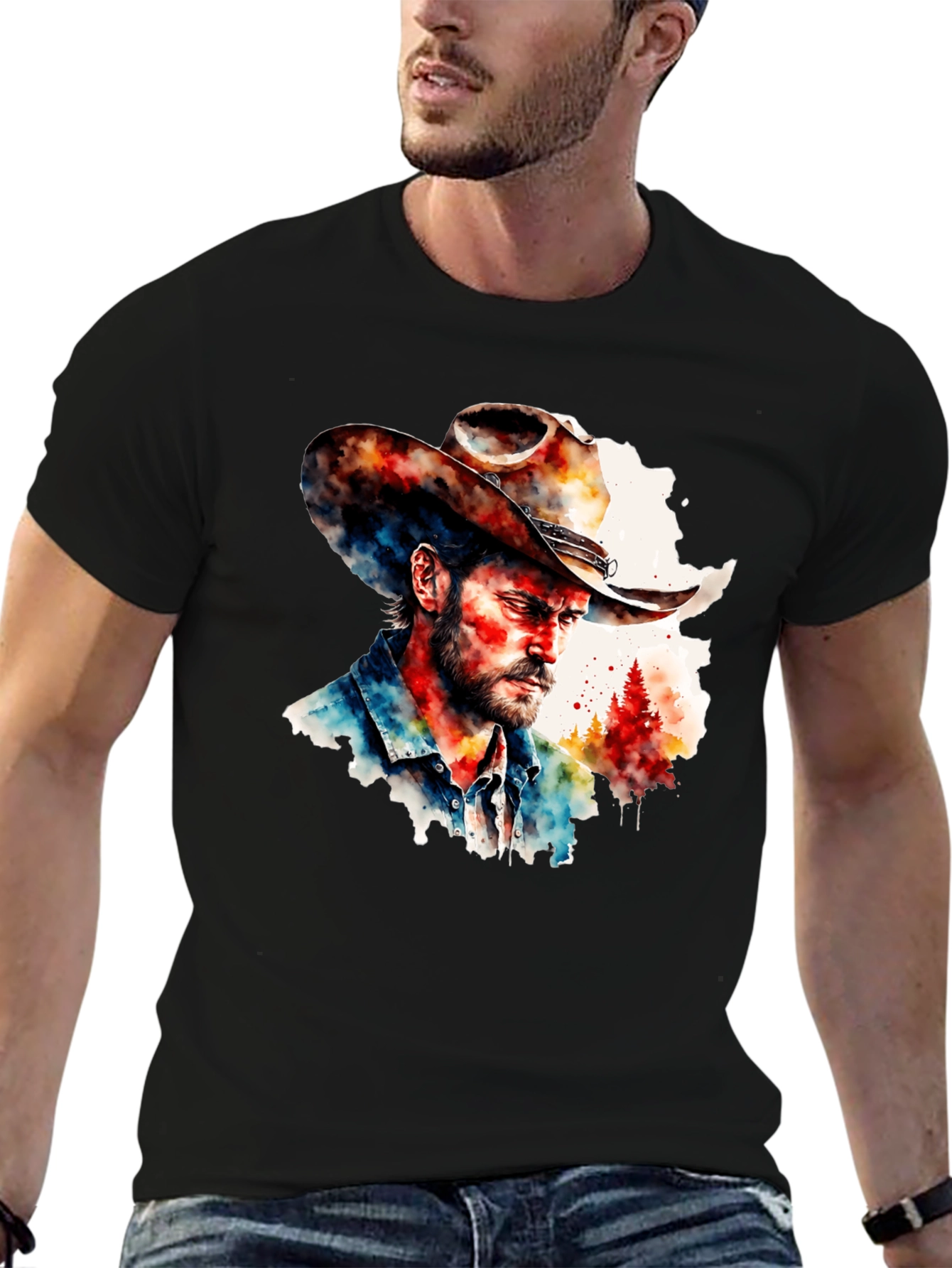 Camiseta Negra con Diseño Vaquero Acuarela