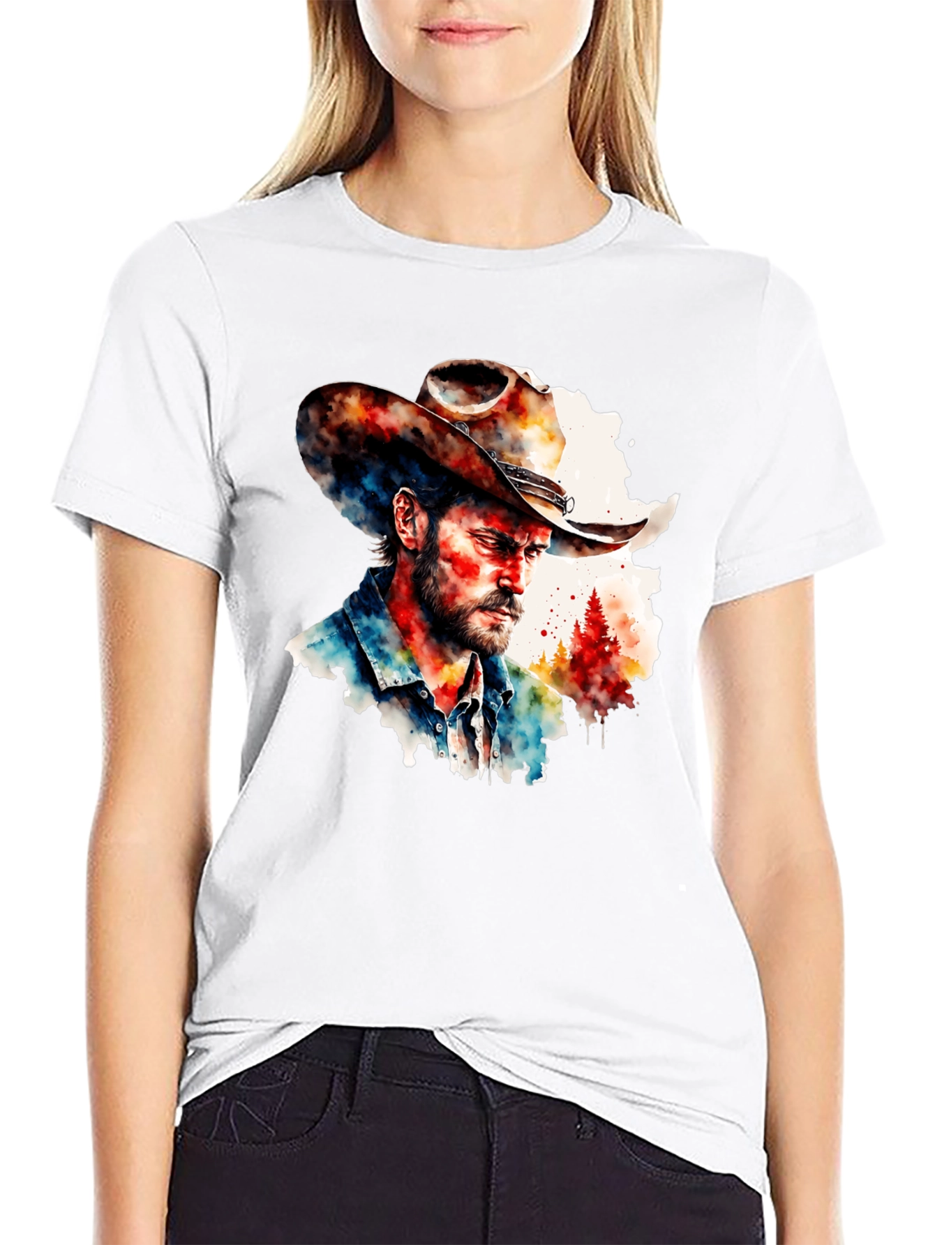 Camiseta Negra con Diseño Vaquero Acuarela