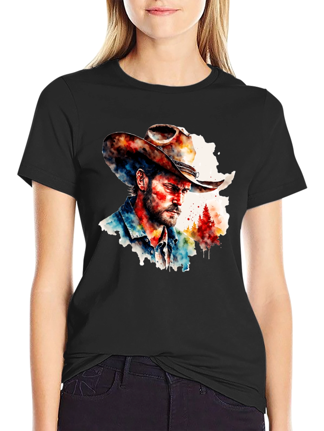 Camiseta Negra con Diseño Vaquero Acuarela