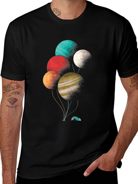 Camiseta Negra con Diseño de Planetas Globo