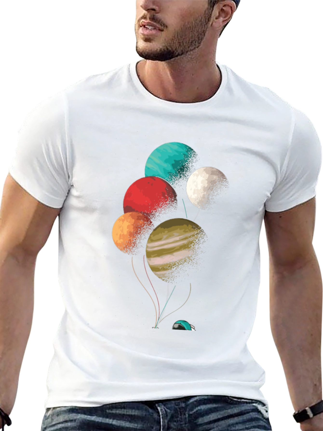 Camiseta Negra con Diseño de Planetas Globo