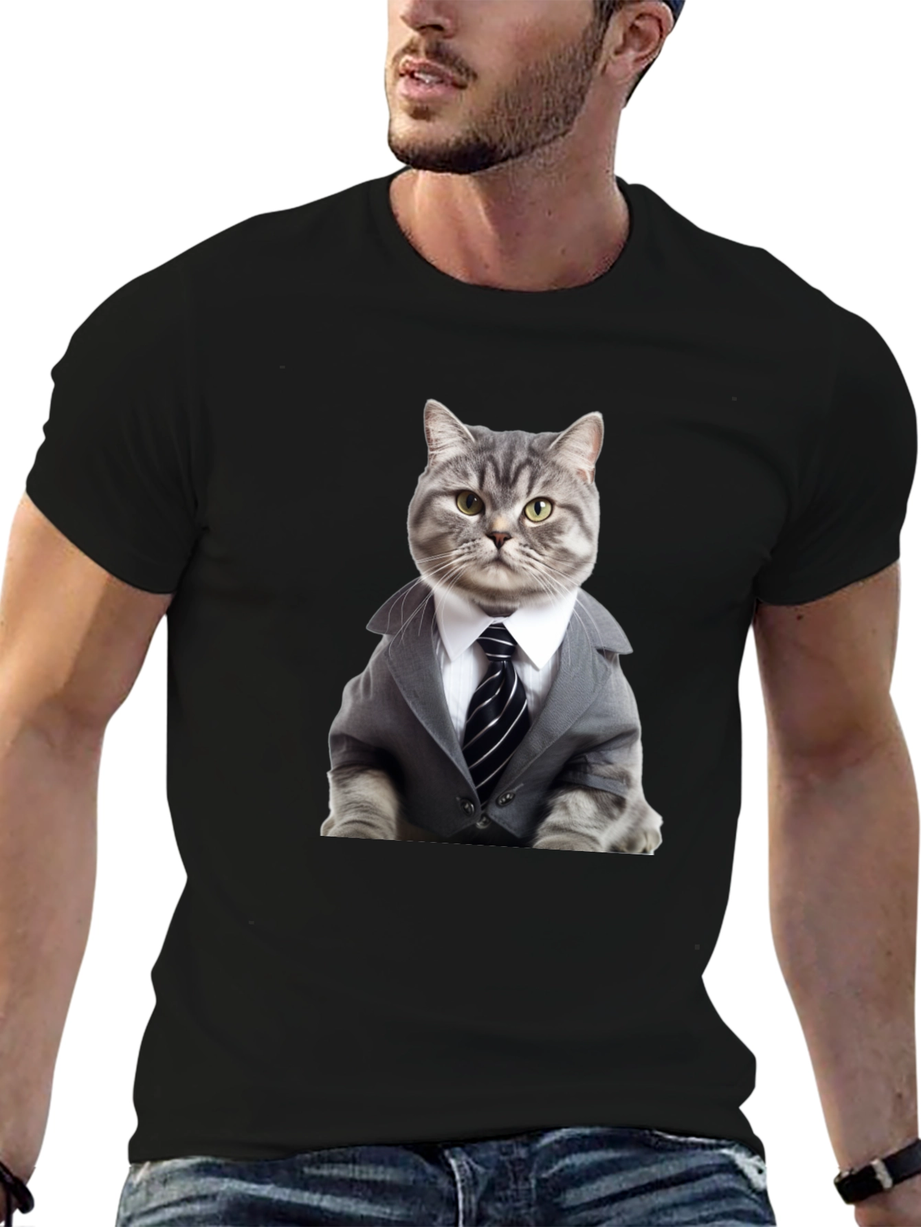 Camiseta Negra: Elegante Gato Empresario