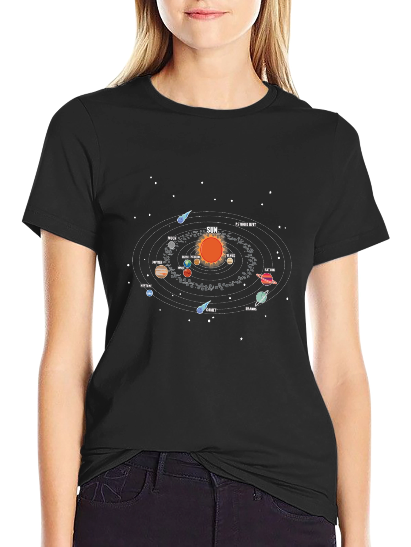 Camiseta Negra con Diseño del Sistema Solar