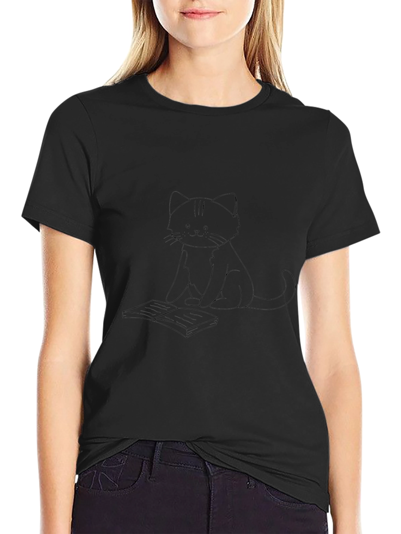 Camiseta Negra con Diseño de Gato Lector