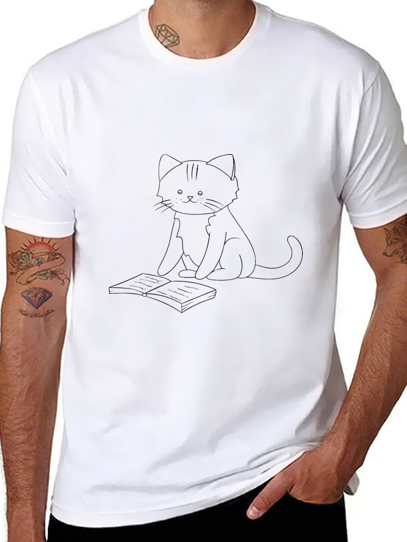 Camiseta Negra con Diseño de Gato Lector