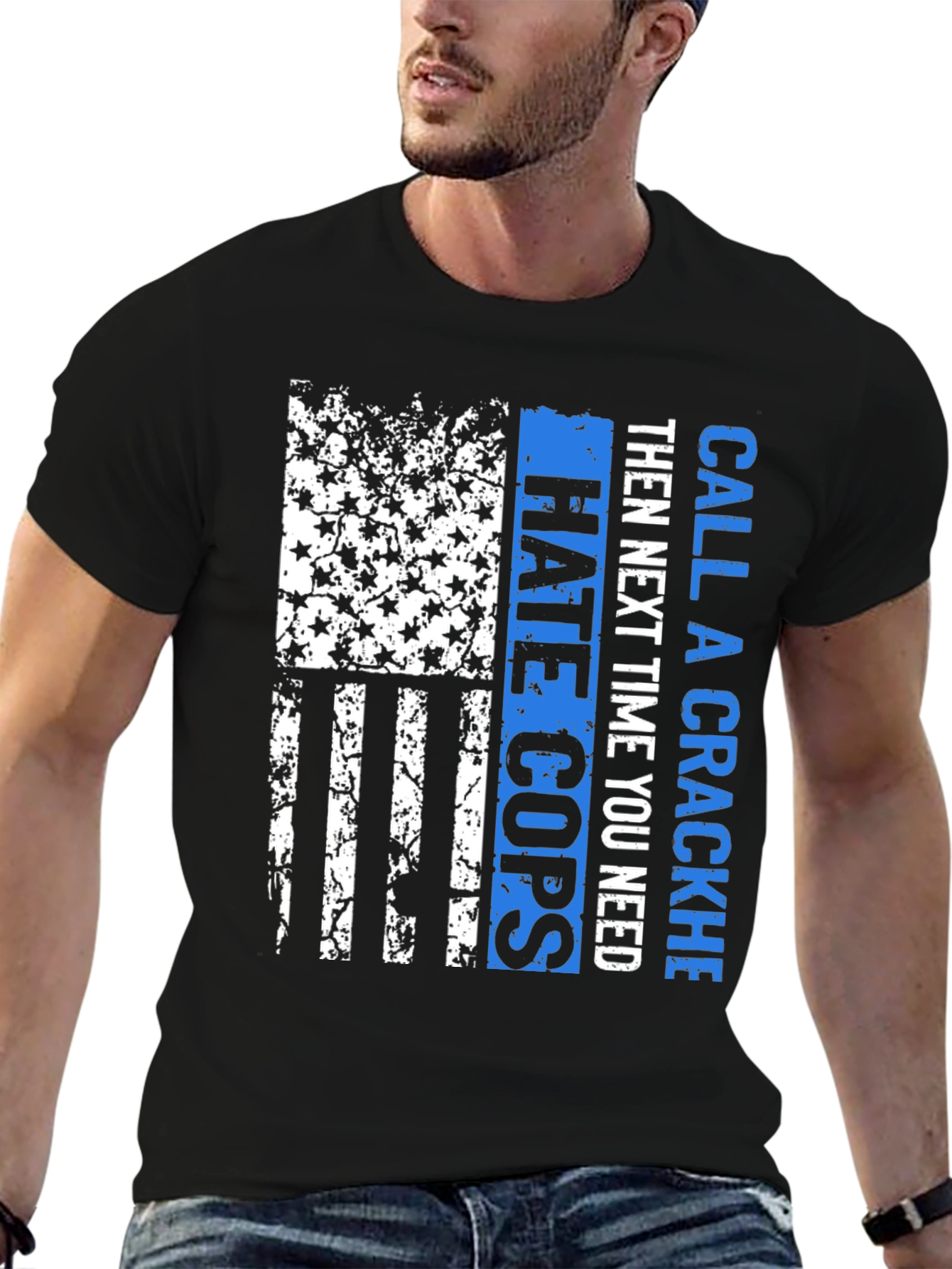 Camiseta Negra con Diseño Bandera Americana Policial