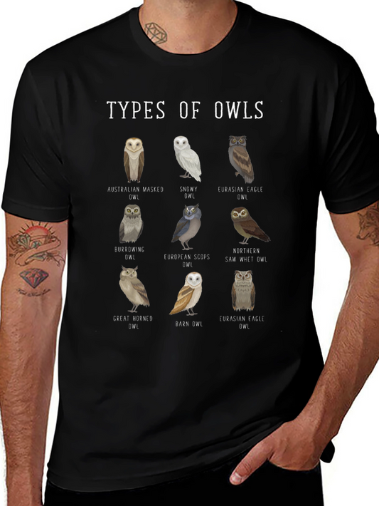 Camiseta Negra con Diseño de Tipos de Búhos