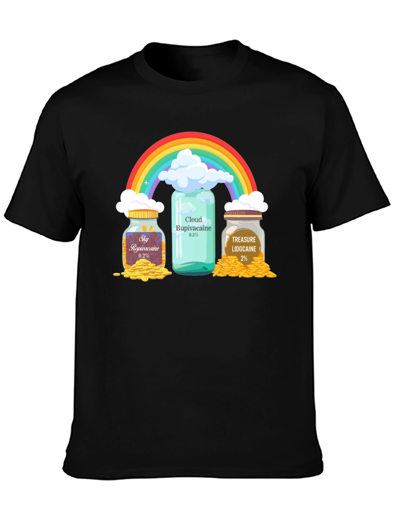 Camiseta Negra con Diseño Divertido de Arcoíris y Medicamentos