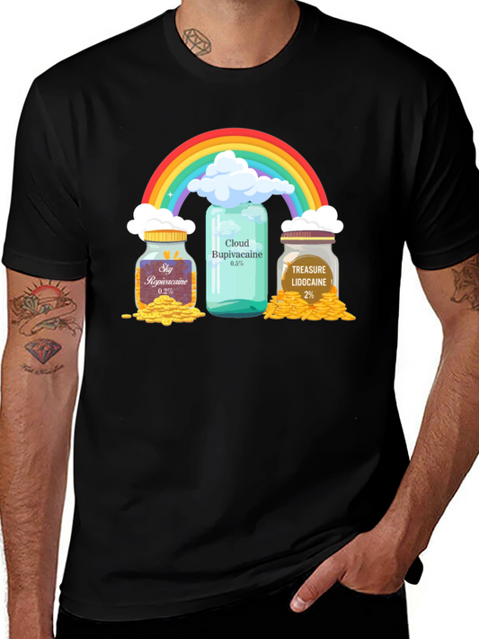 Camiseta Negra con Diseño Divertido de Arcoíris y Medicamentos
