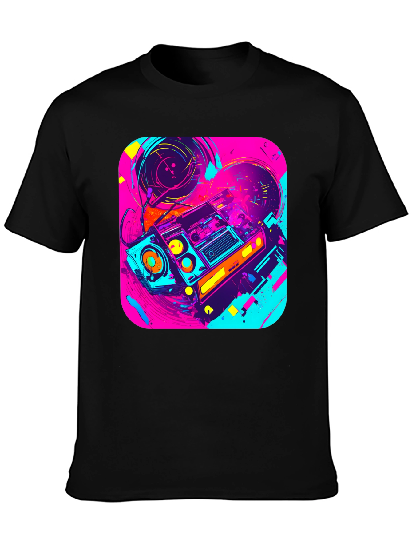 Camiseta Negra con Diseño de Radio Retro Vibrante