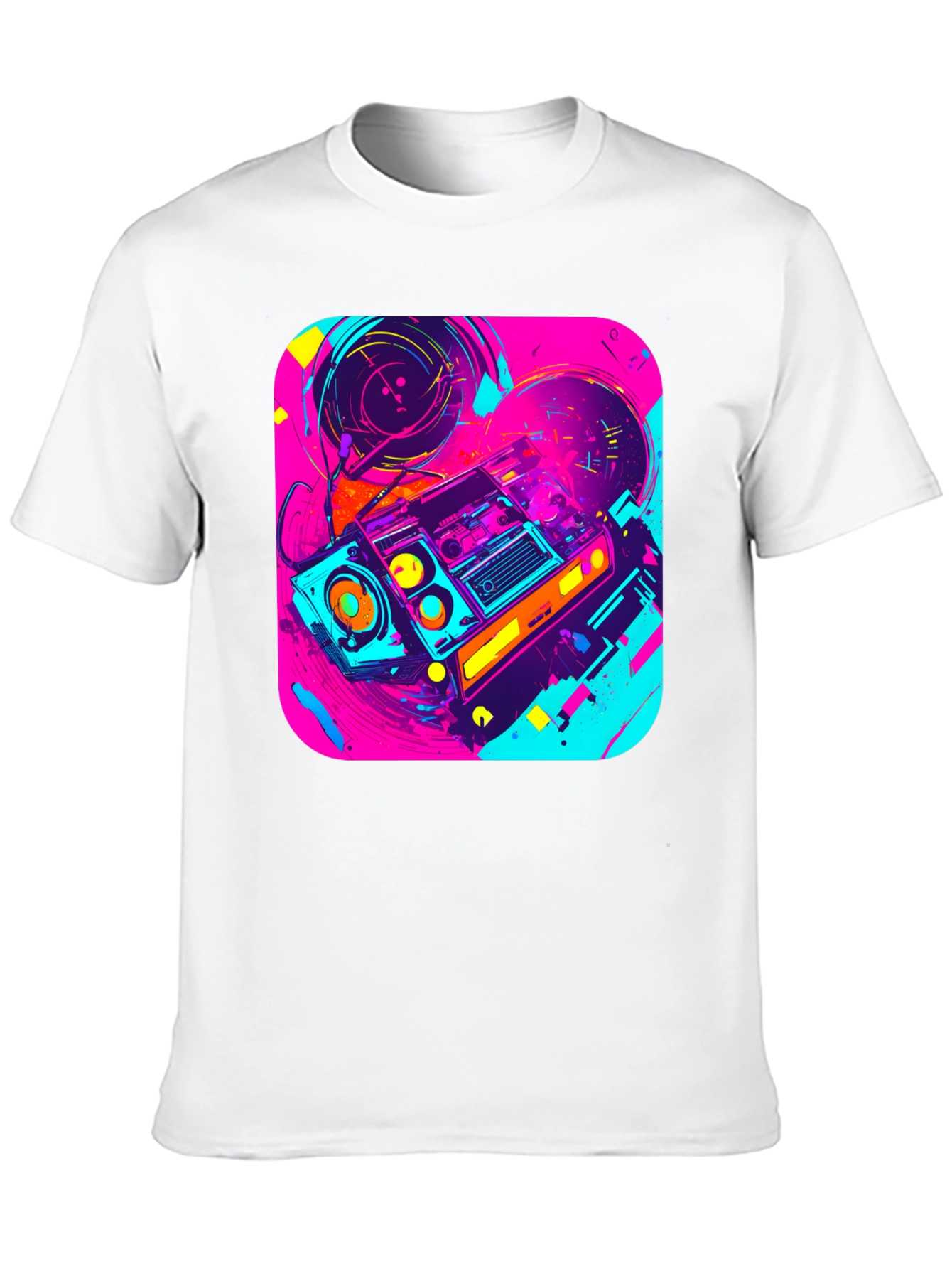 Camiseta Negra con Diseño de Radio Retro Vibrante