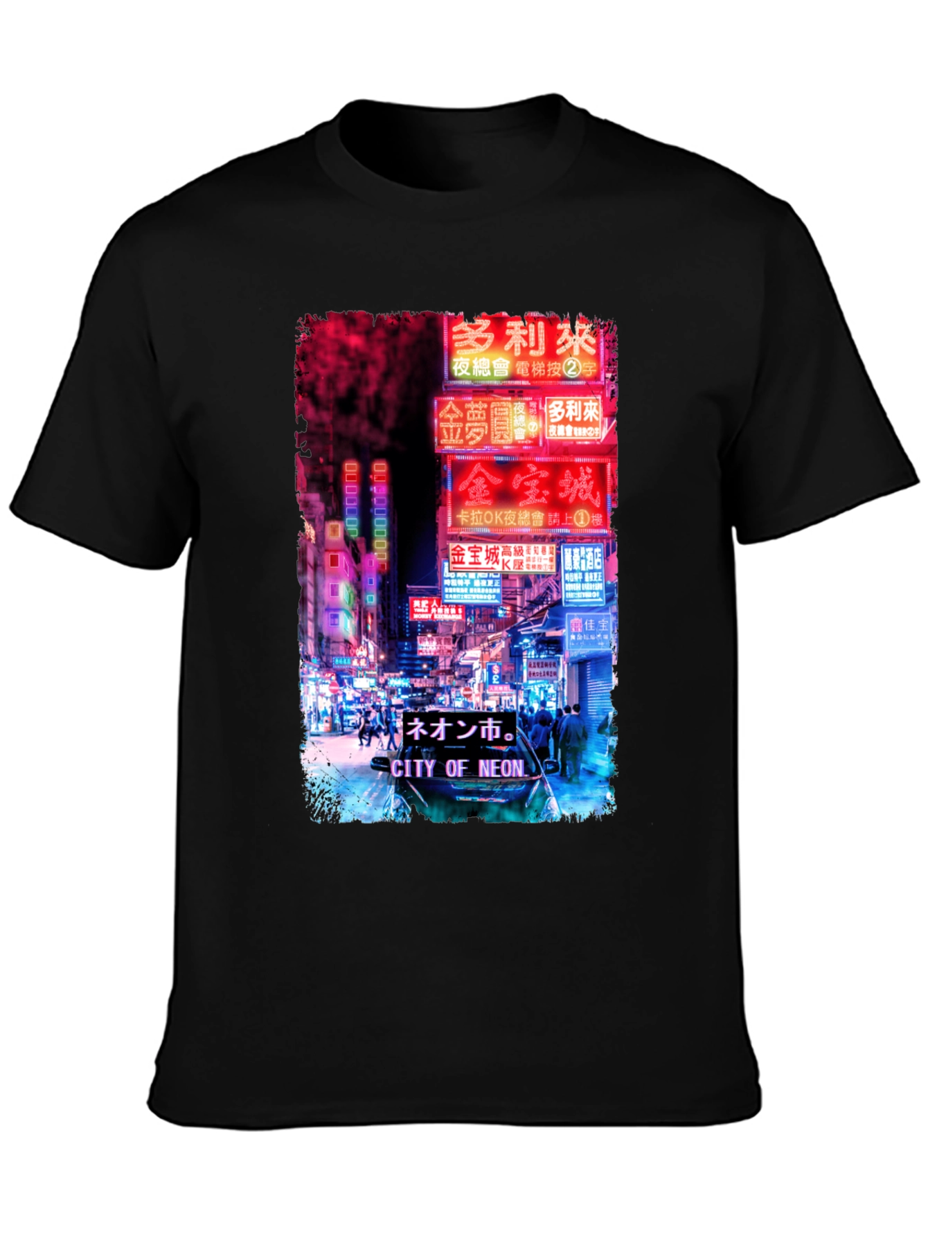 Camiseta Negra Estampada: Ciudad Neón Asiática