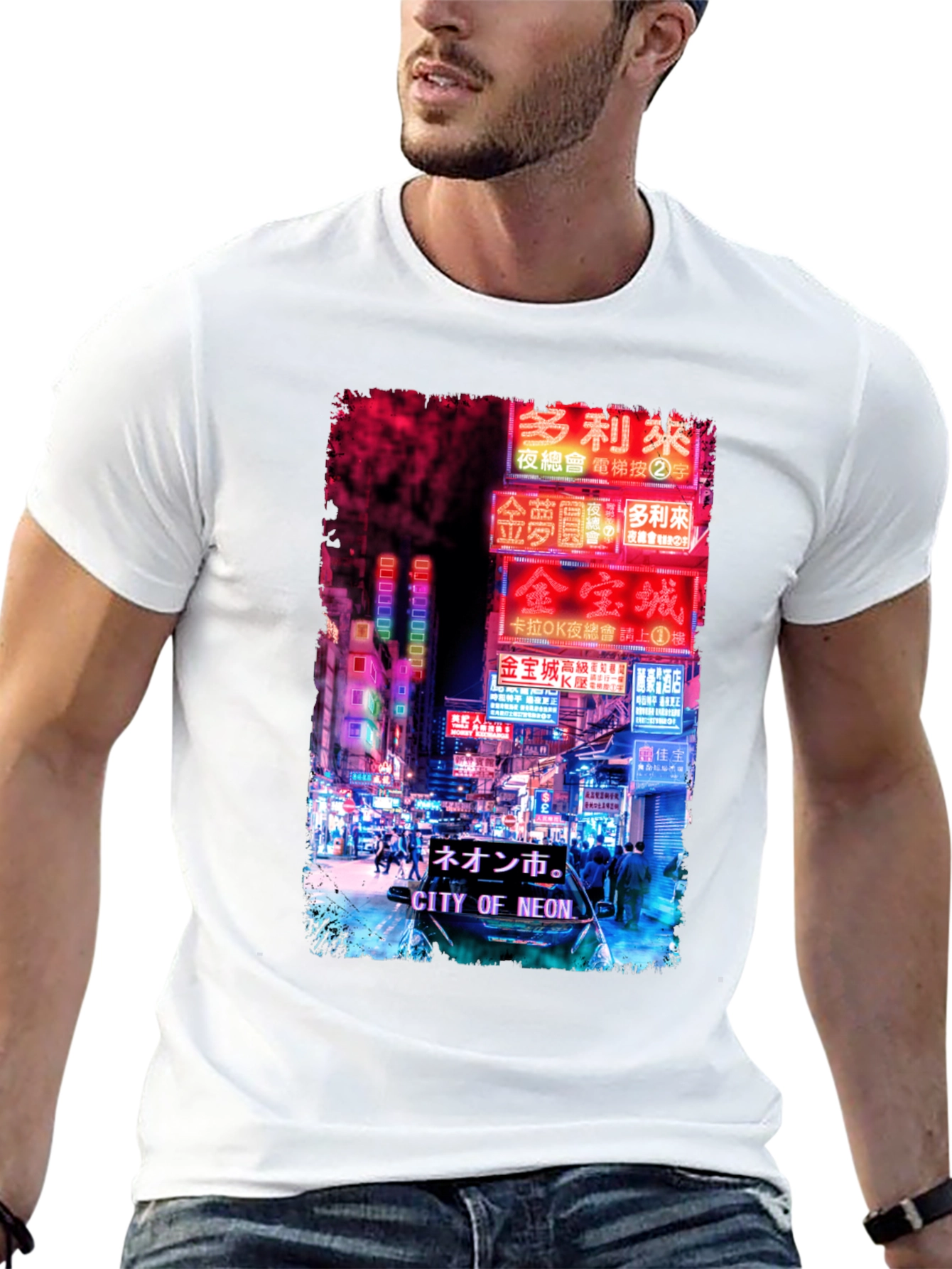Camiseta Negra Estampada: Ciudad Neón Asiática