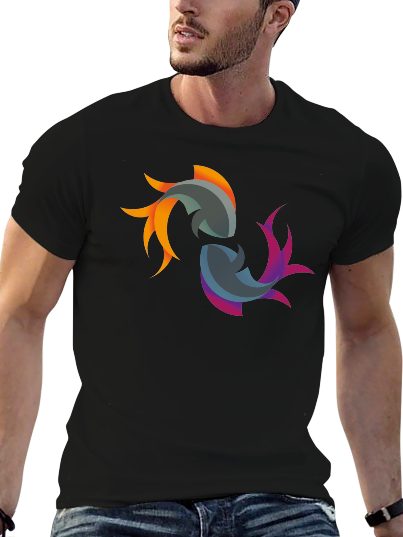 Camiseta Negra con Diseño de Peces Abstractos