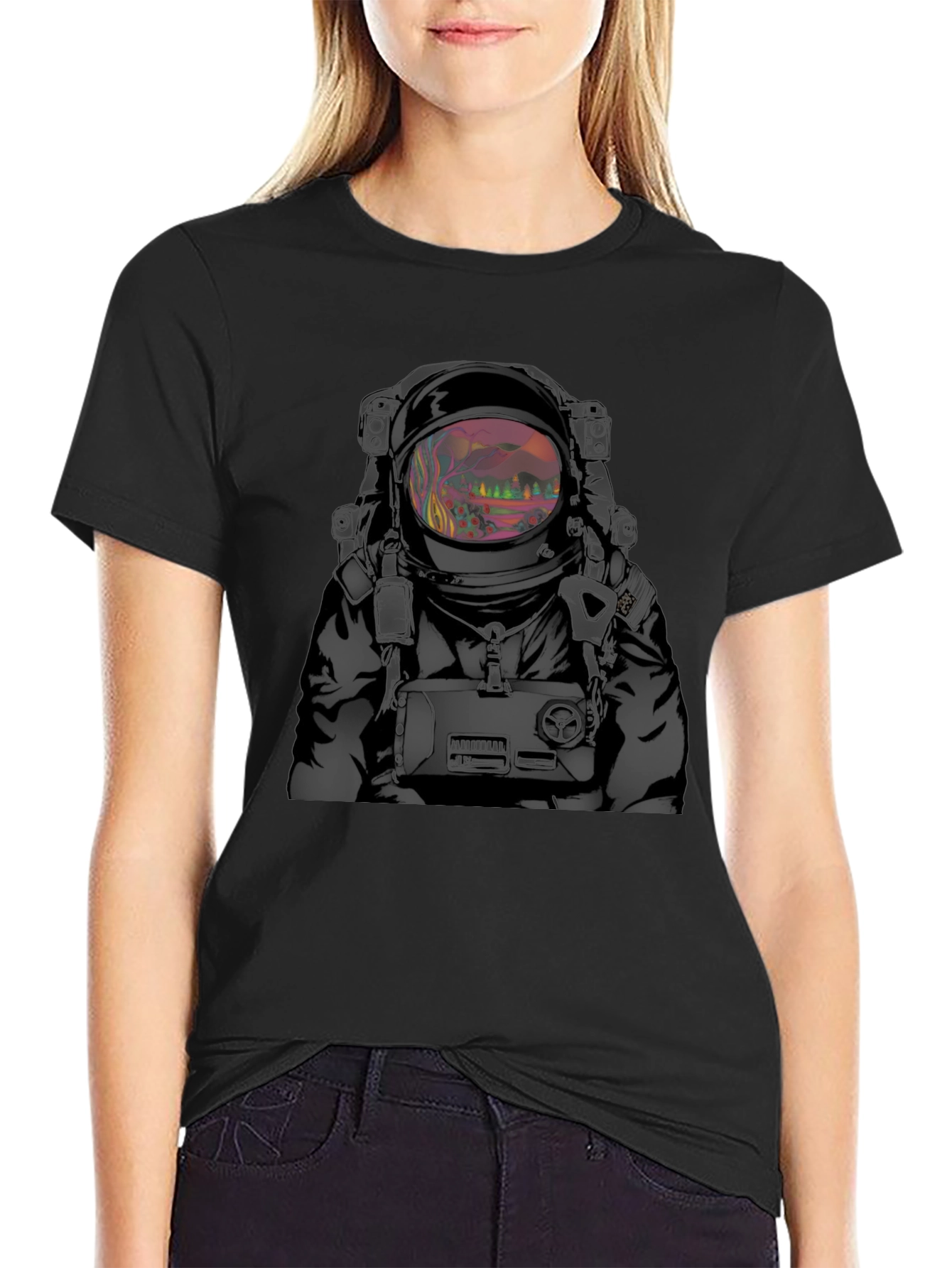 Camiseta Negra Estampado Astronauta Psicodélico