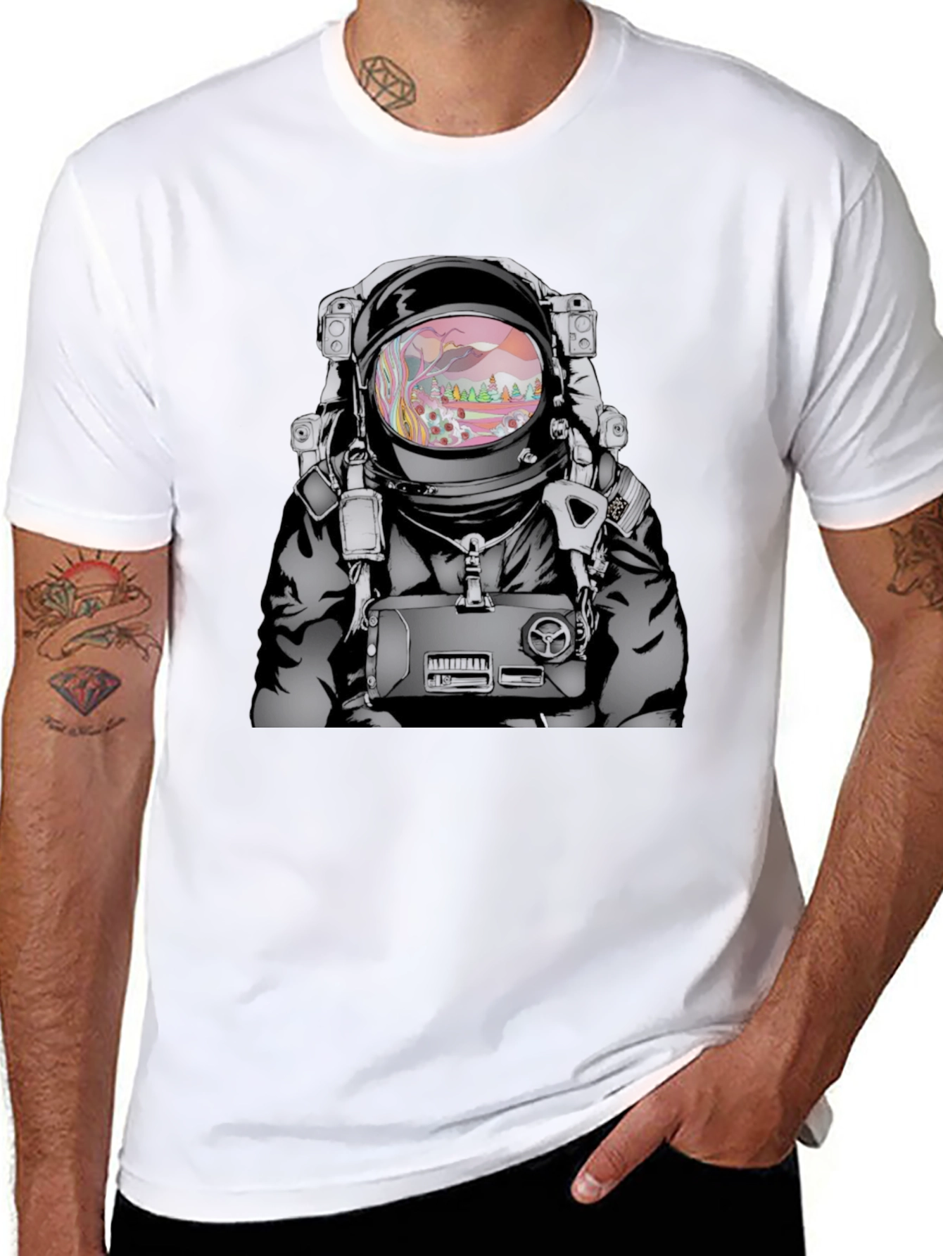 Camiseta Negra Estampado Astronauta Psicodélico