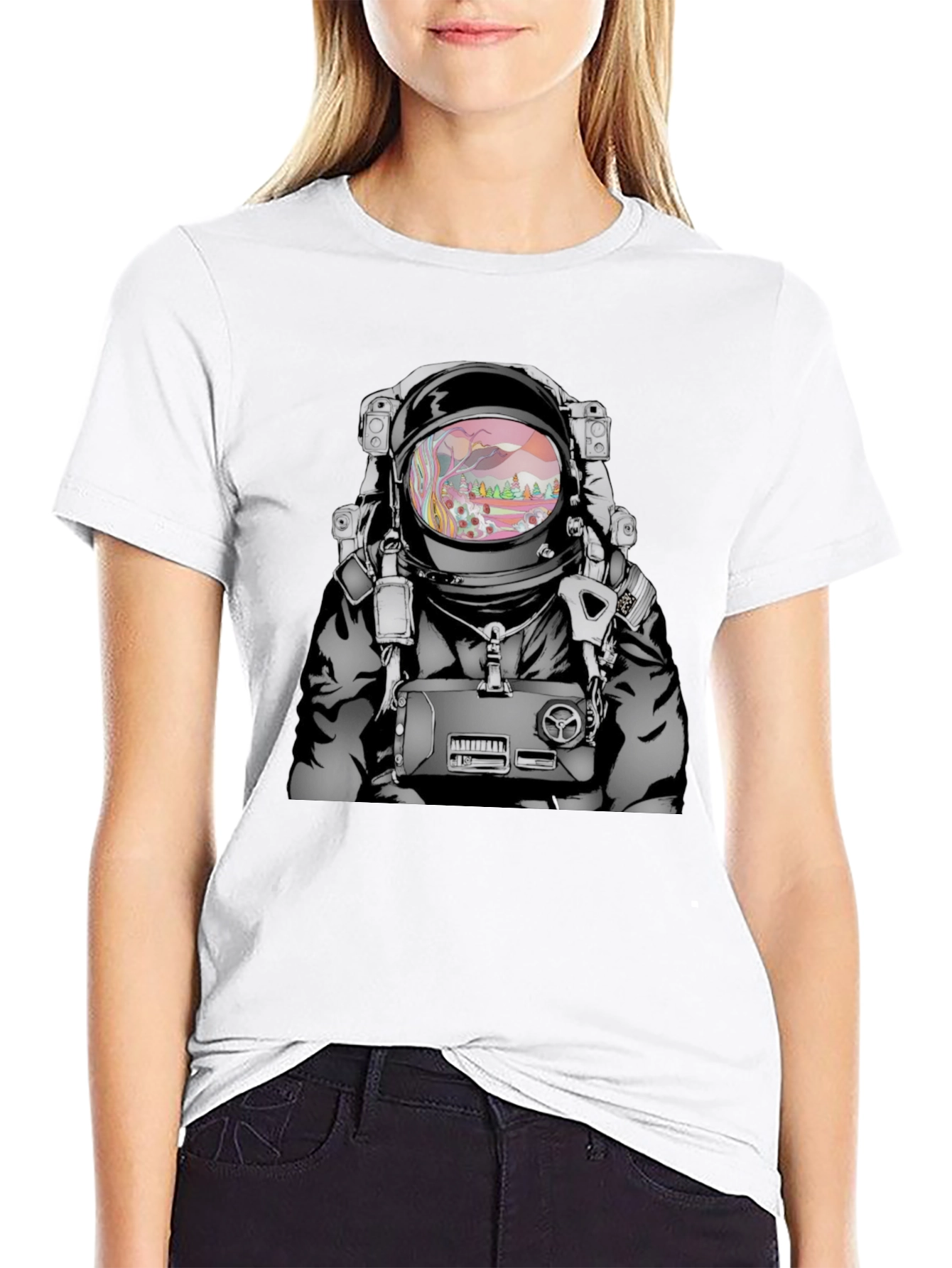 Camiseta Negra Estampado Astronauta Psicodélico