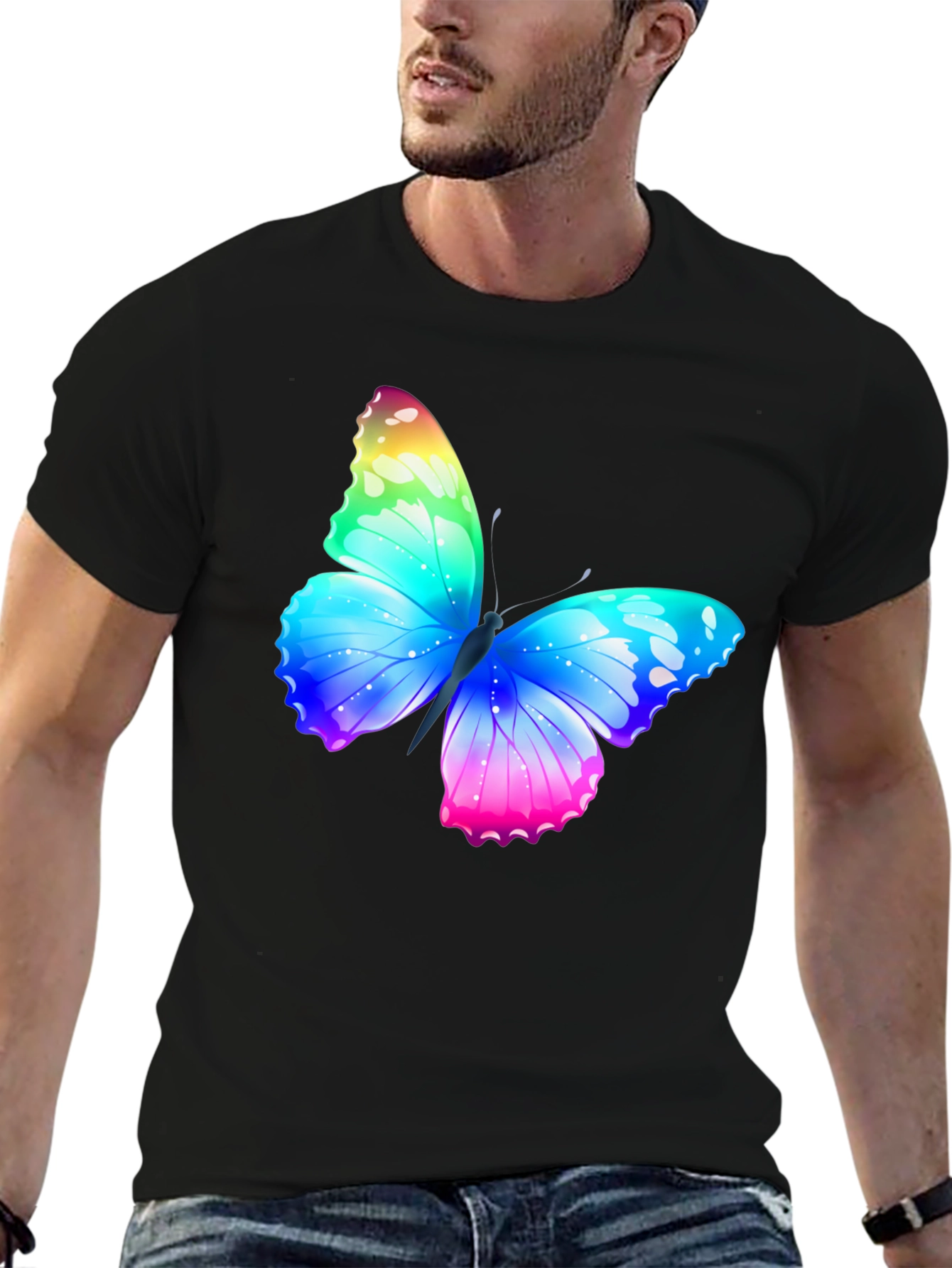 Camiseta Negra con Mariposa Arcoíris Estampada