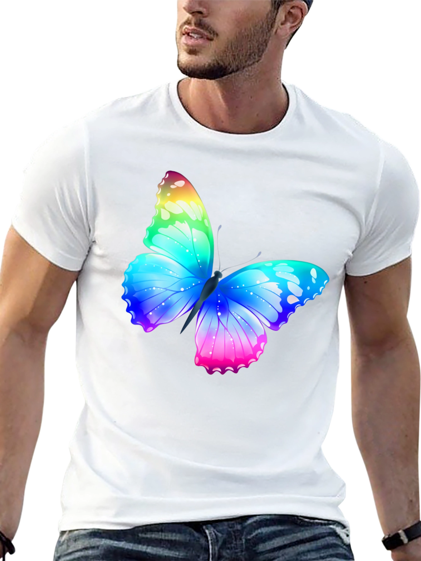 Camiseta Negra con Mariposa Arcoíris Estampada