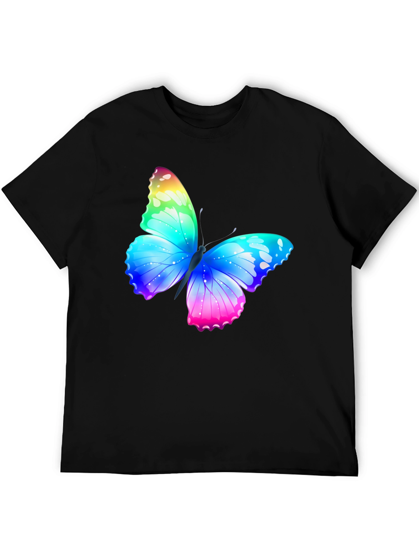 Camiseta Negra con Mariposa Arcoíris Estampada