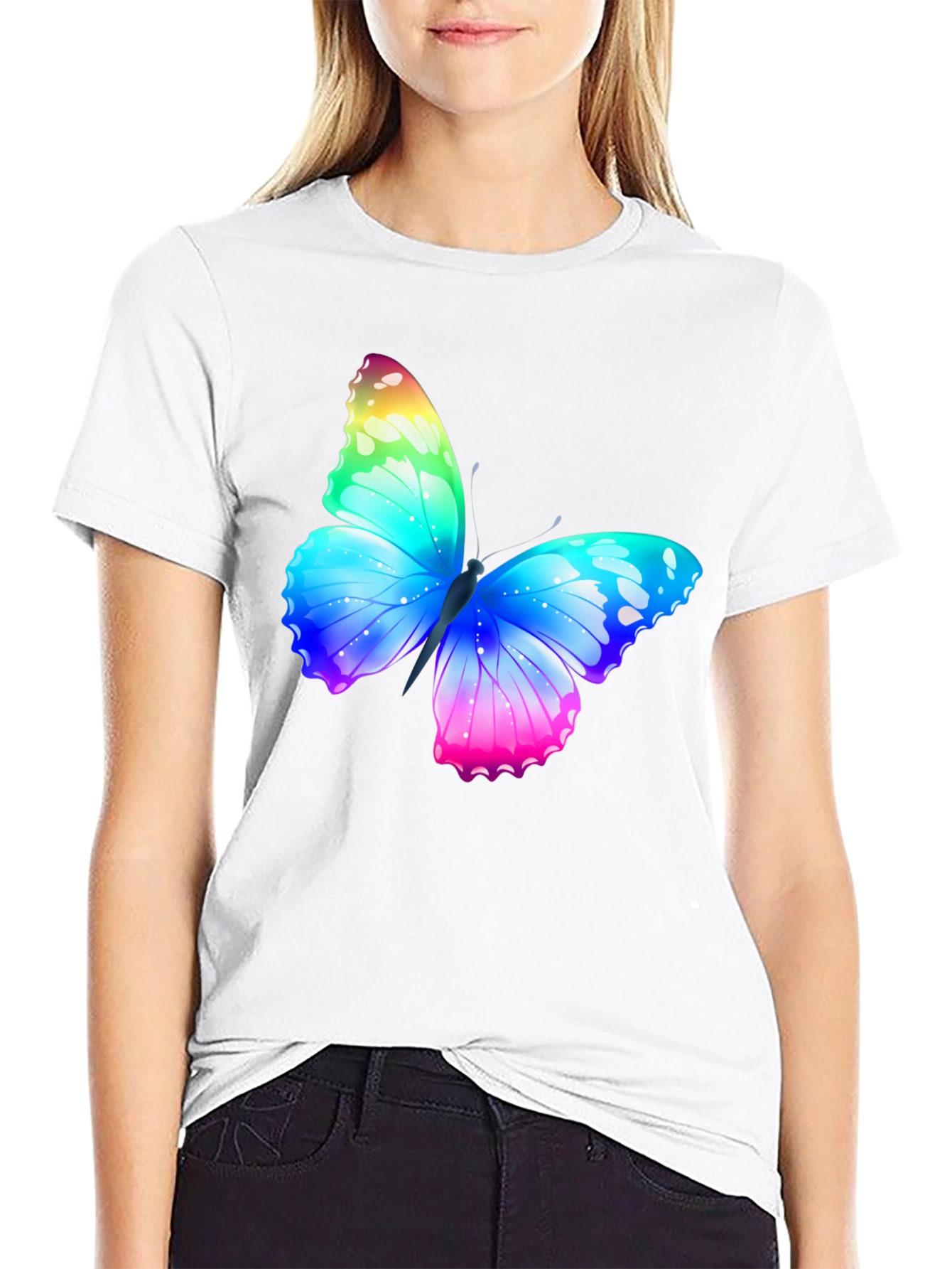 Camiseta Negra con Mariposa Arcoíris Estampada