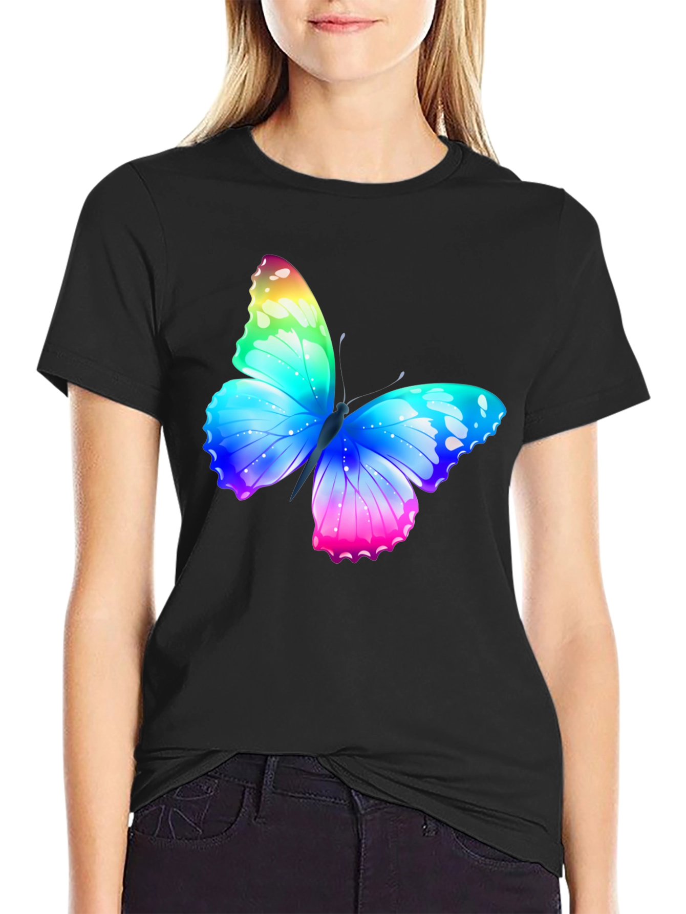 Camiseta Negra con Mariposa Arcoíris Estampada