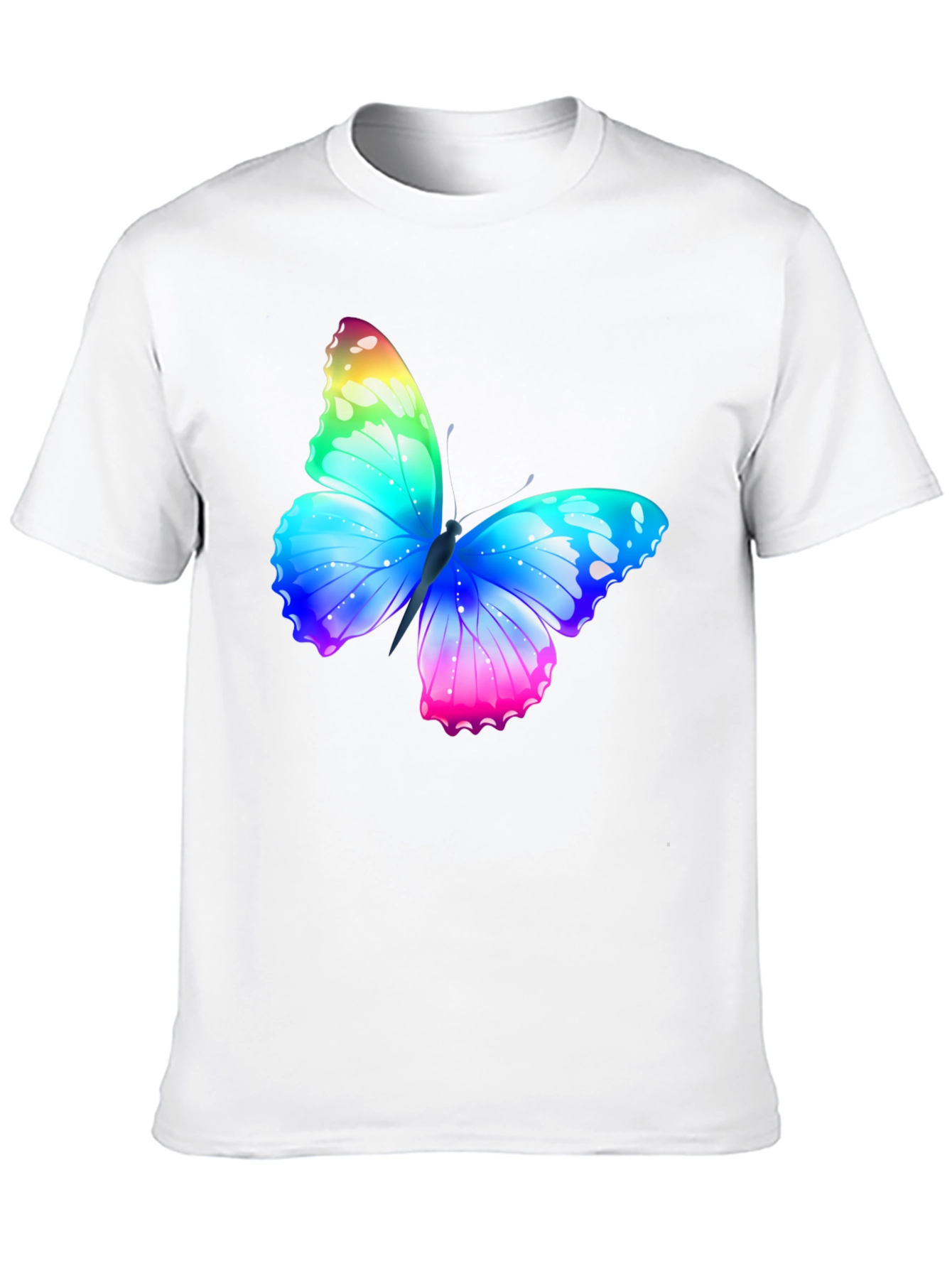 Camiseta Negra con Mariposa Arcoíris Estampada