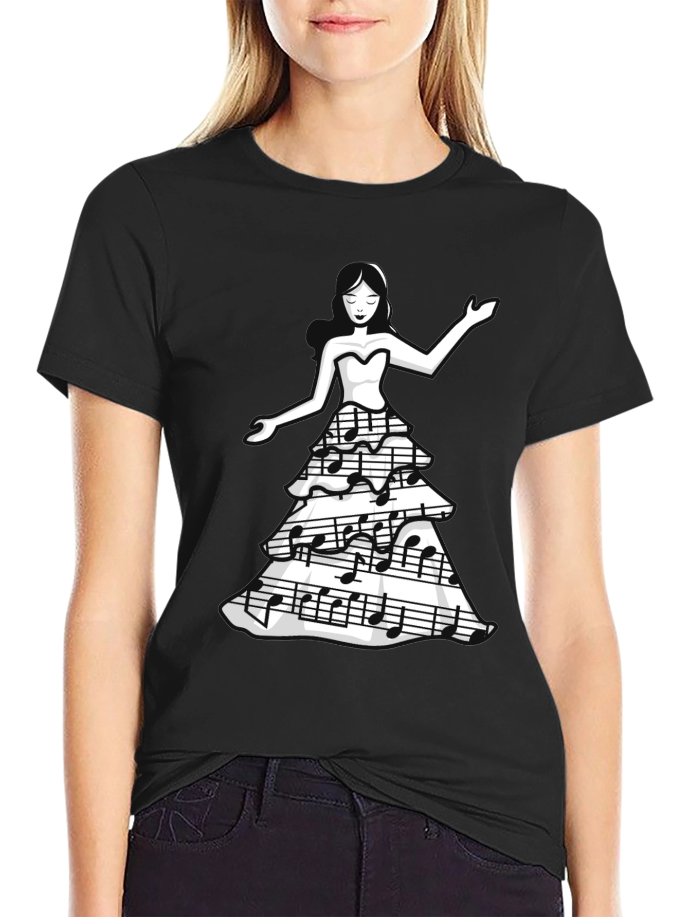 Camiseta Negra con Diseño de Música para Mujer