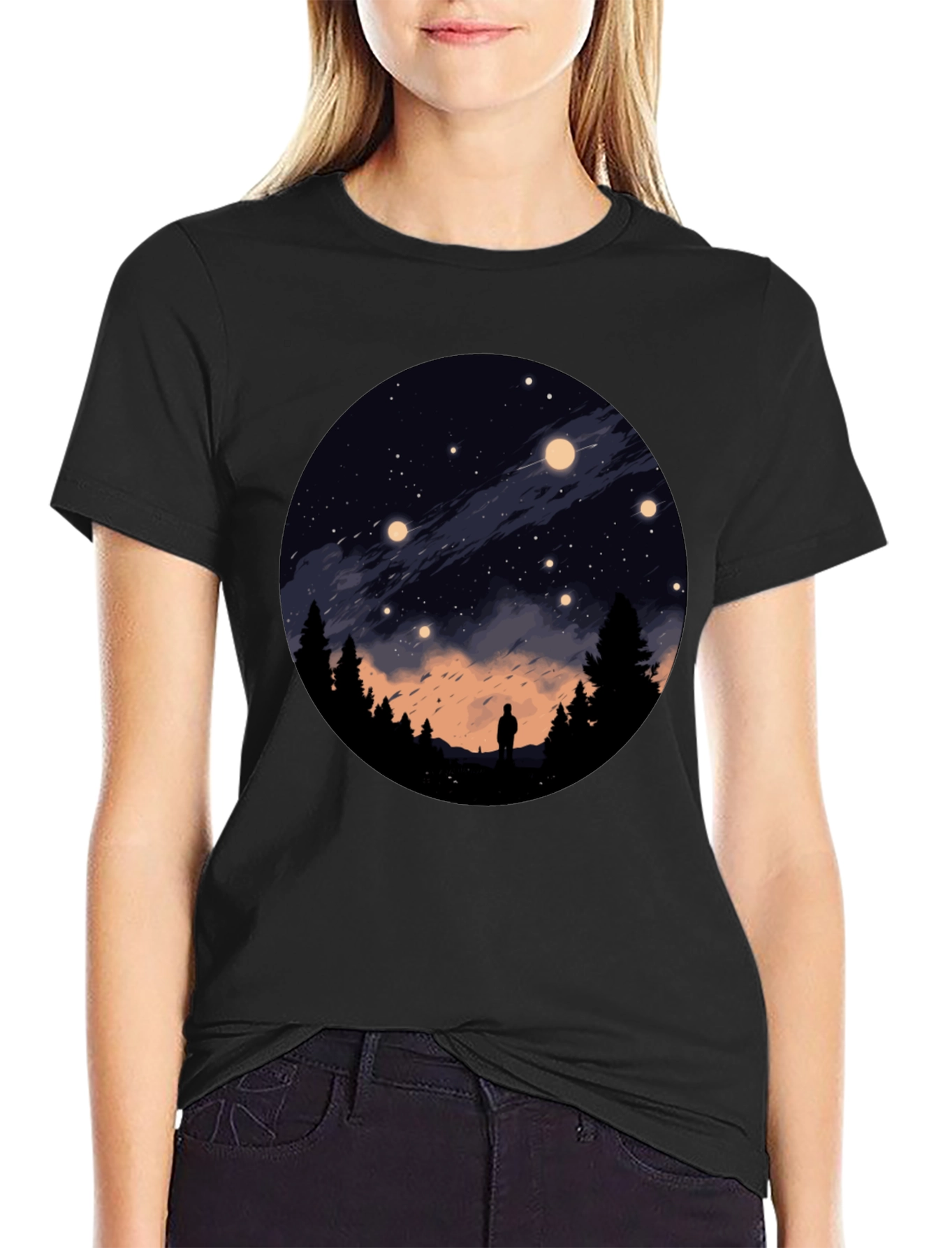 Camiseta Negra con Diseño de Noche Estrellada