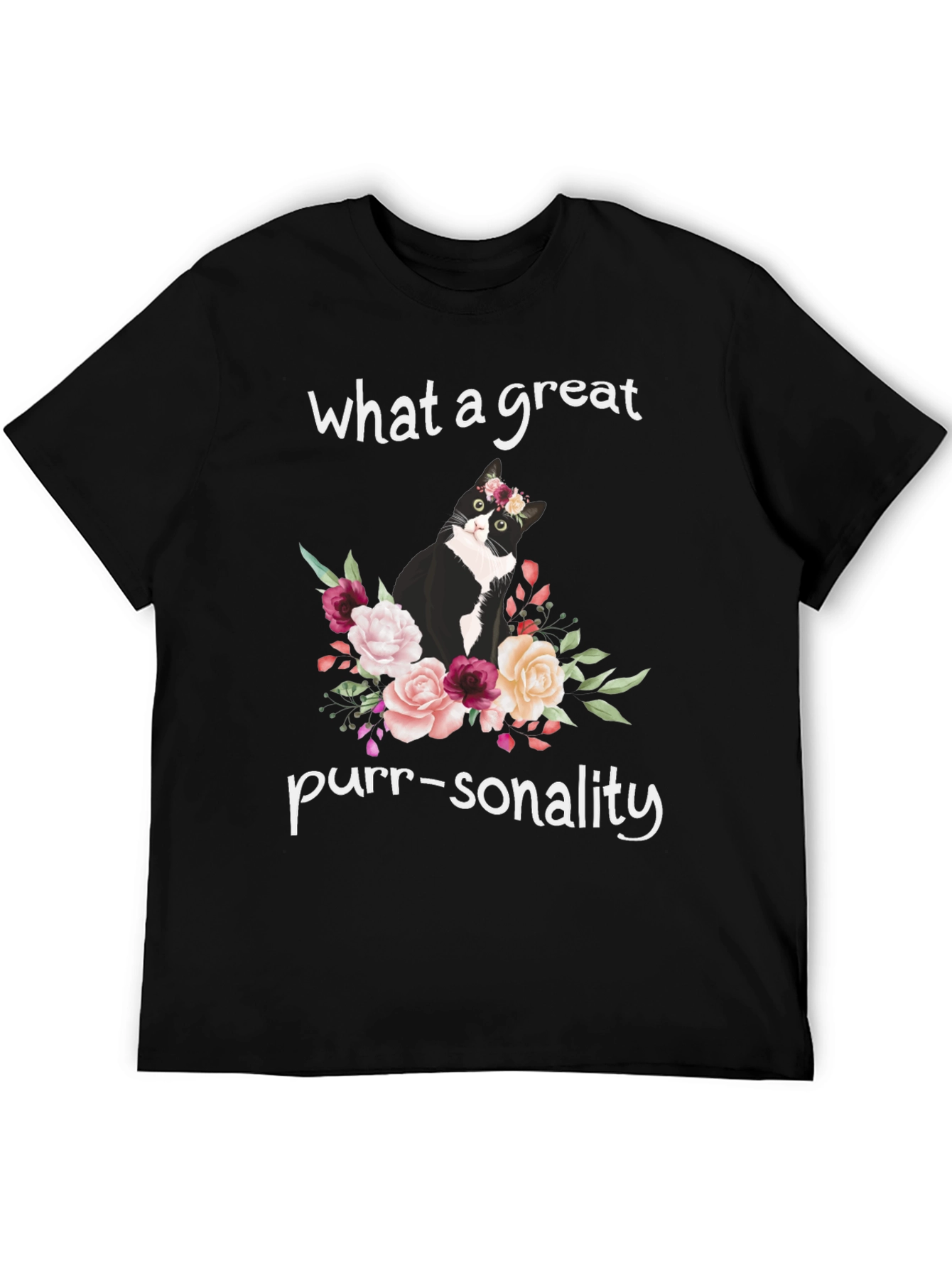 Camiseta Negra con Gato Floral - ¡Personalidad Felina!