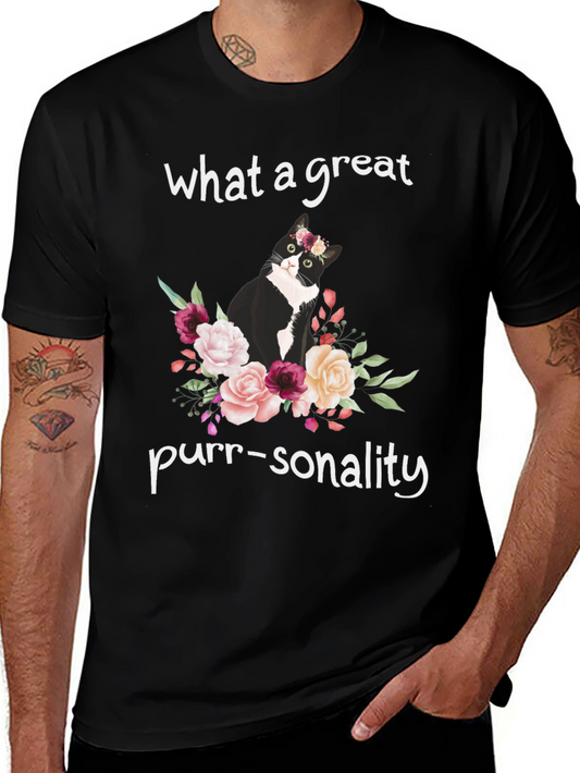 Camiseta Negra con Gato Floral - ¡Personalidad Felina!