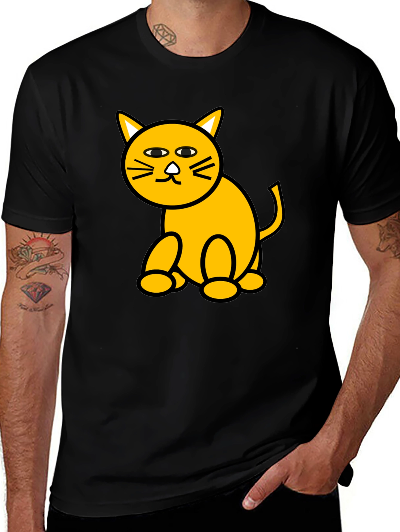 Camiseta Negra con Diseño de Gato Amarillo Divertido