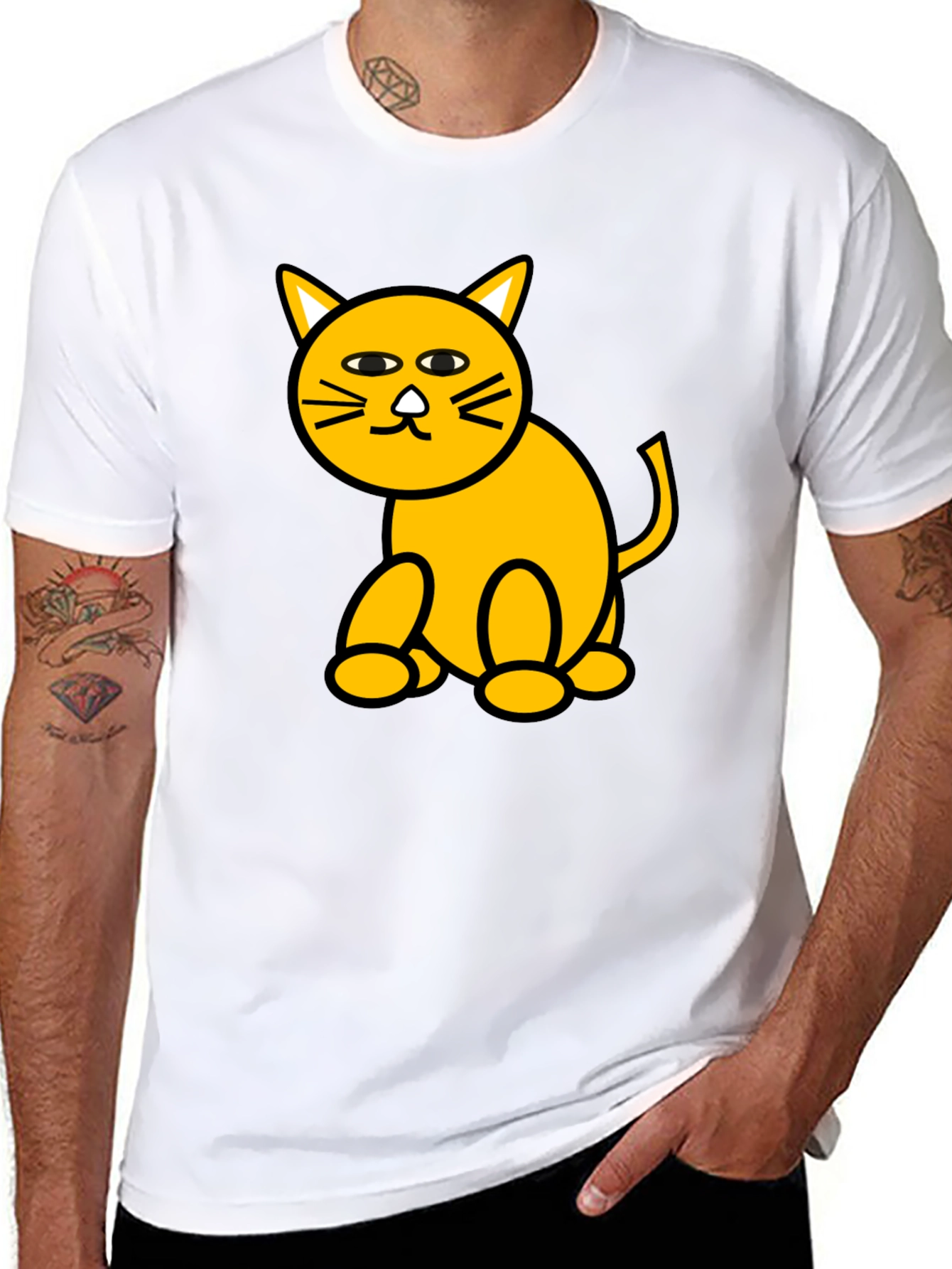 Camiseta Negra con Diseño de Gato Amarillo Divertido