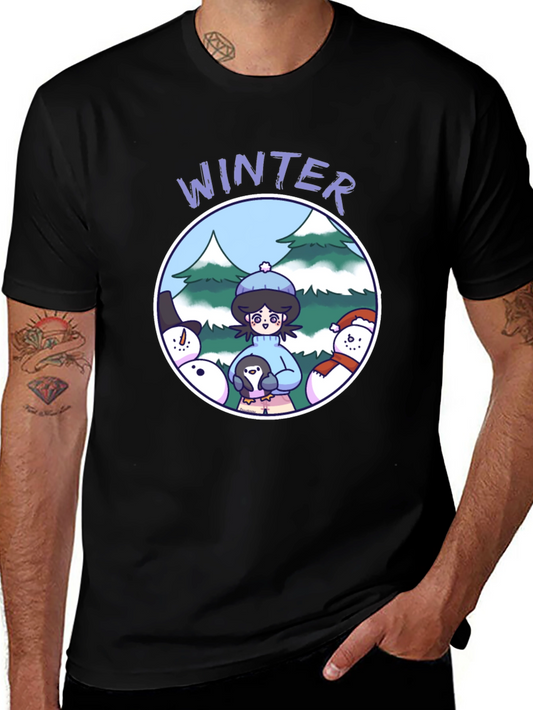 Camiseta Negra Invierno con Diseño Animado