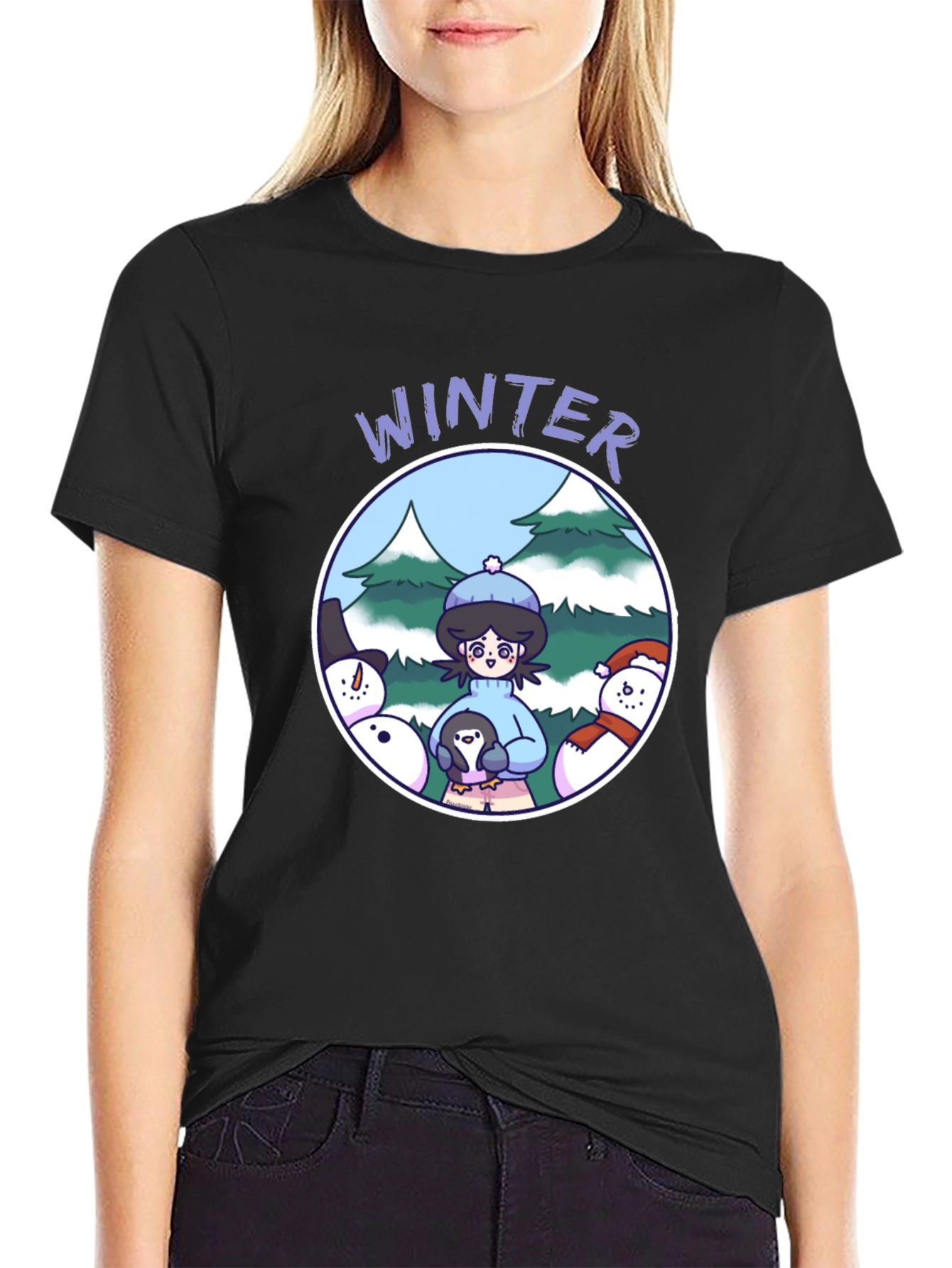 Camiseta Negra Invierno con Diseño Animado