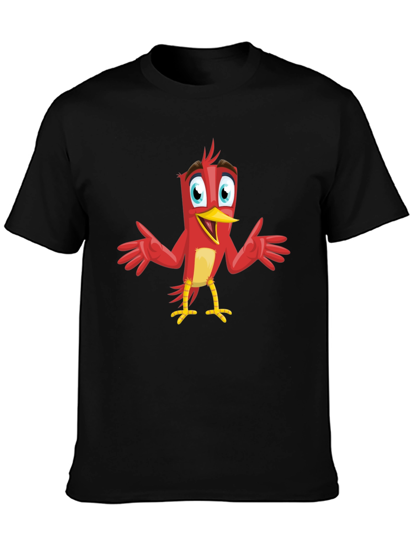 Camiseta Negra con Diseño de Pájaro Rojo Animado