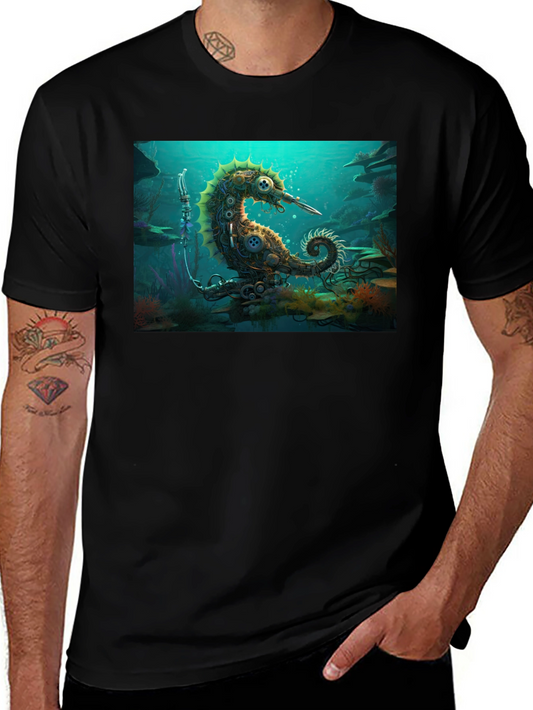 Camiseta Negra con Diseño Steampunk de Caballito de Mar