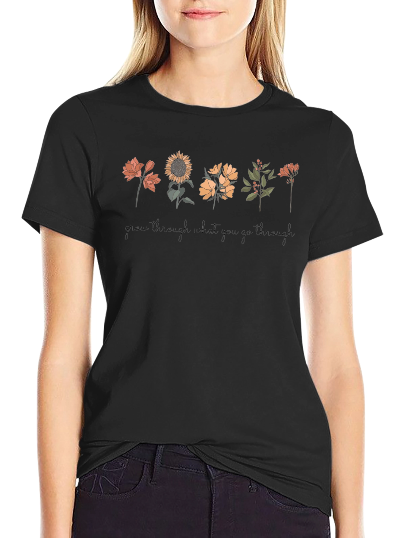 Camiseta Negra Unisex con Diseño Floral Inspirador