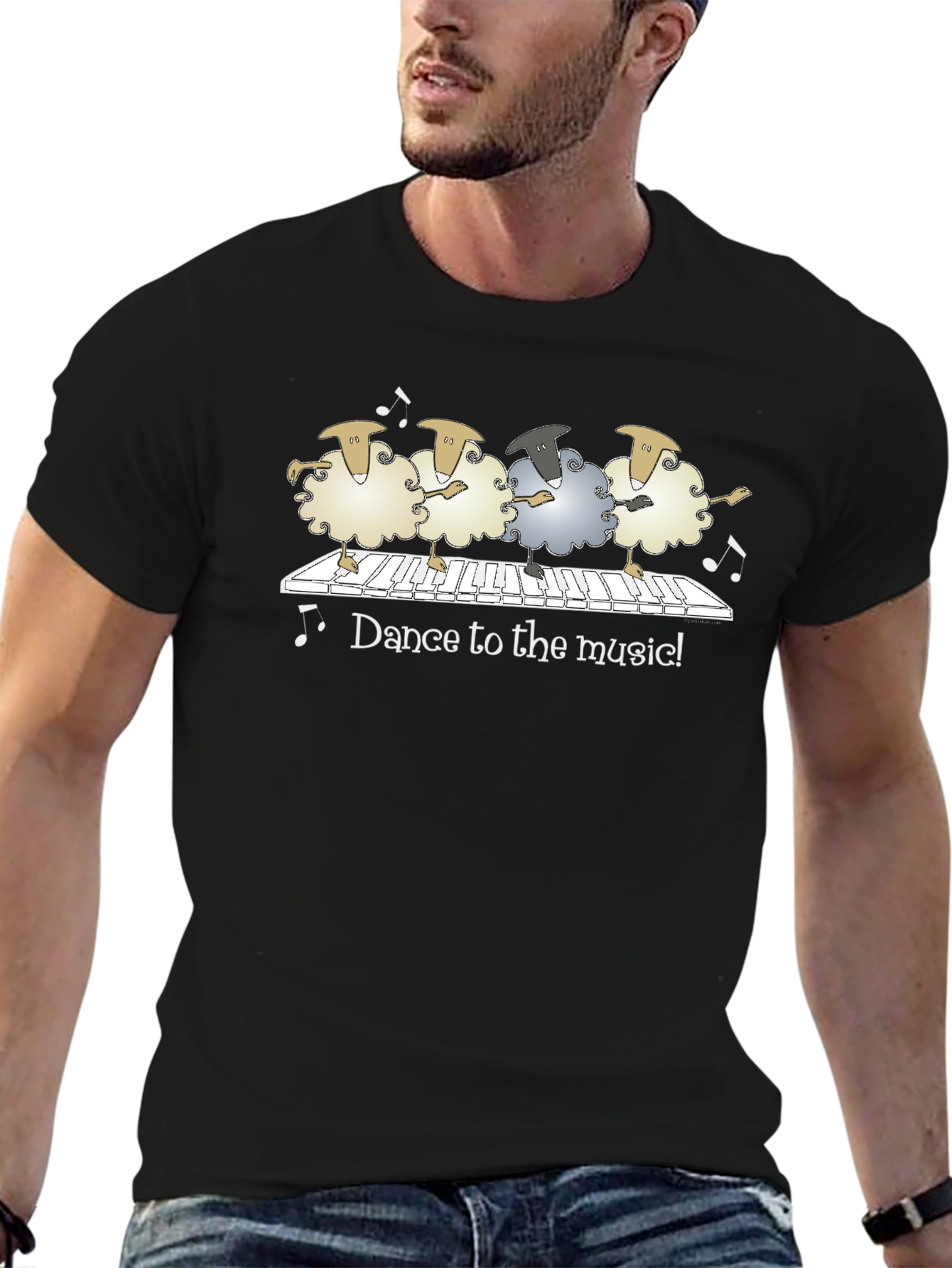 Camiseta Negra con Ovejas Bailando al Piano