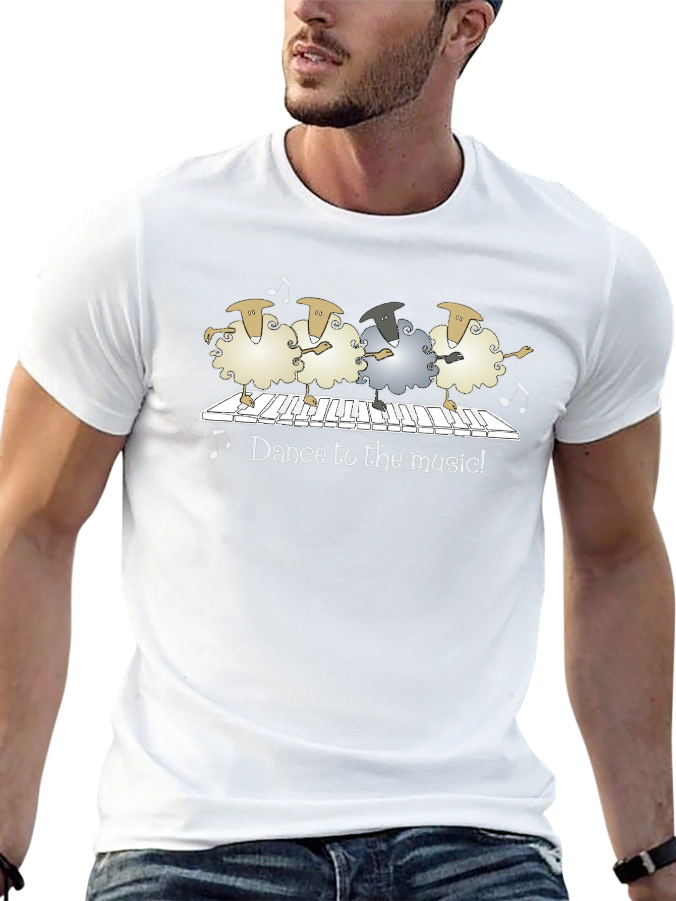 Camiseta Negra con Ovejas Bailando al Piano