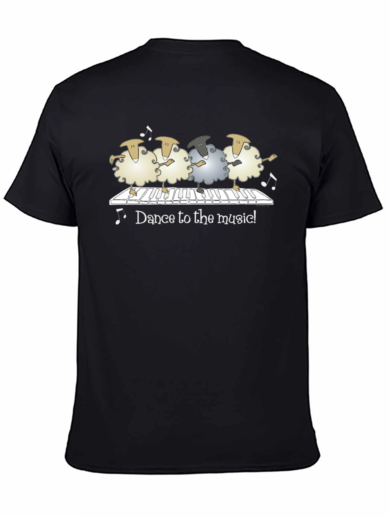 Camiseta Negra con Ovejas Bailando al Piano