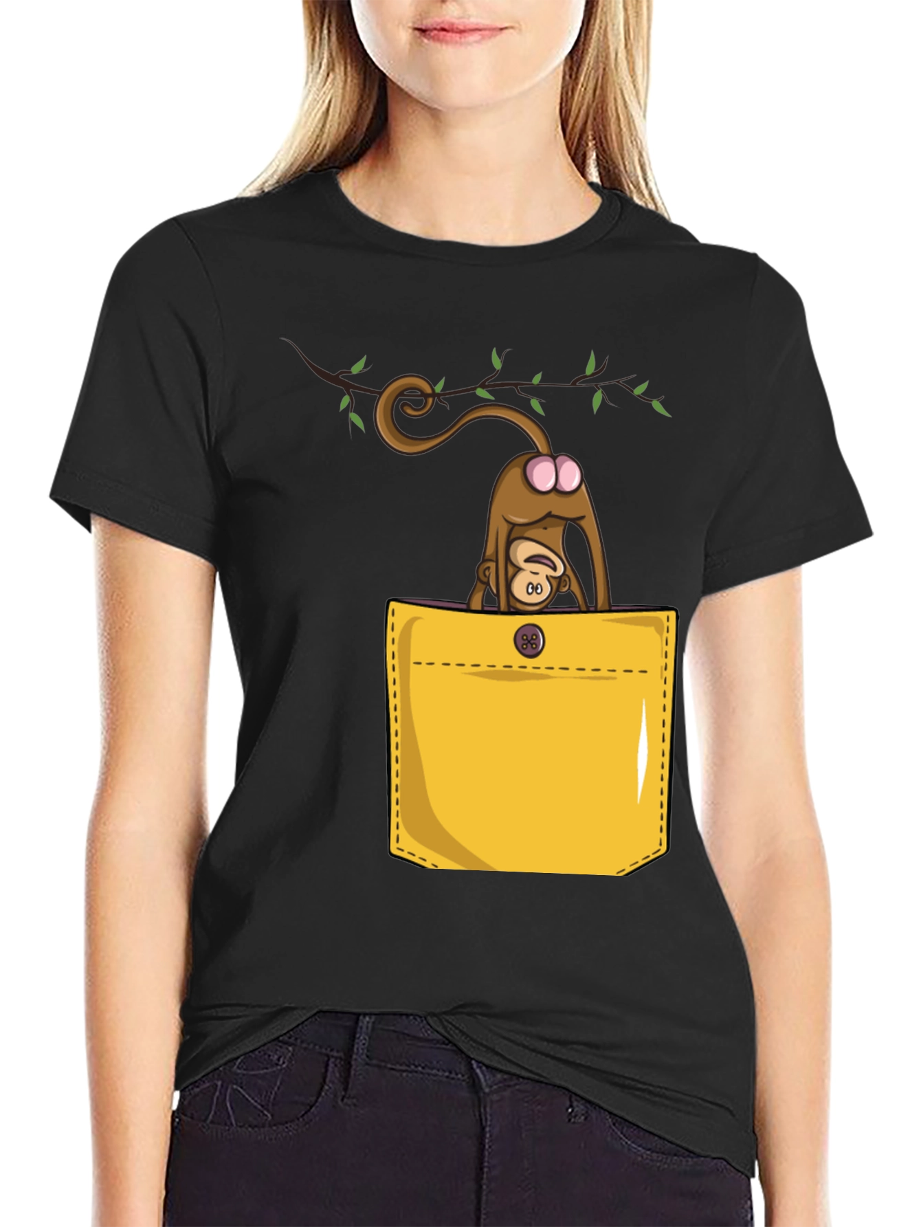 Camiseta Negra con Diseño Divertido de Mono en Bolsillo