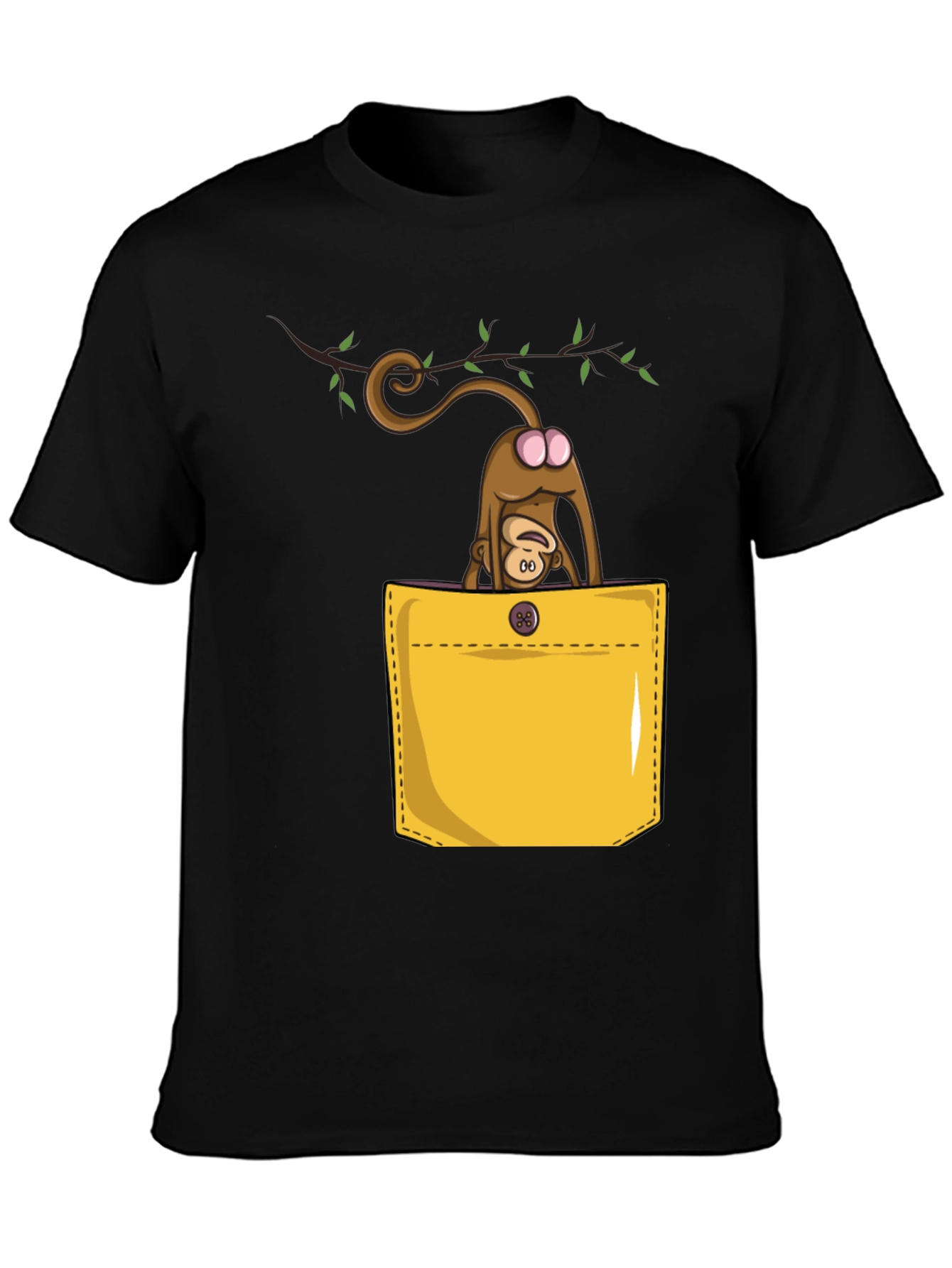 Camiseta Negra con Diseño Divertido de Mono en Bolsillo