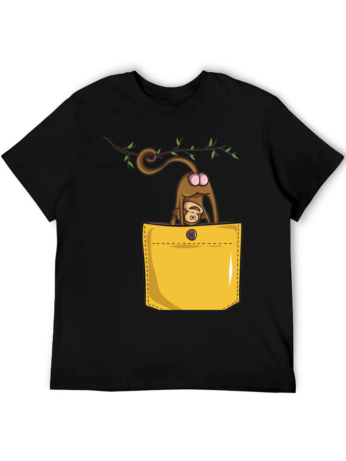 Camiseta Negra con Diseño Divertido de Mono en Bolsillo