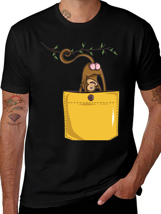 Camiseta Negra con Diseño Divertido de Mono en Bolsillo