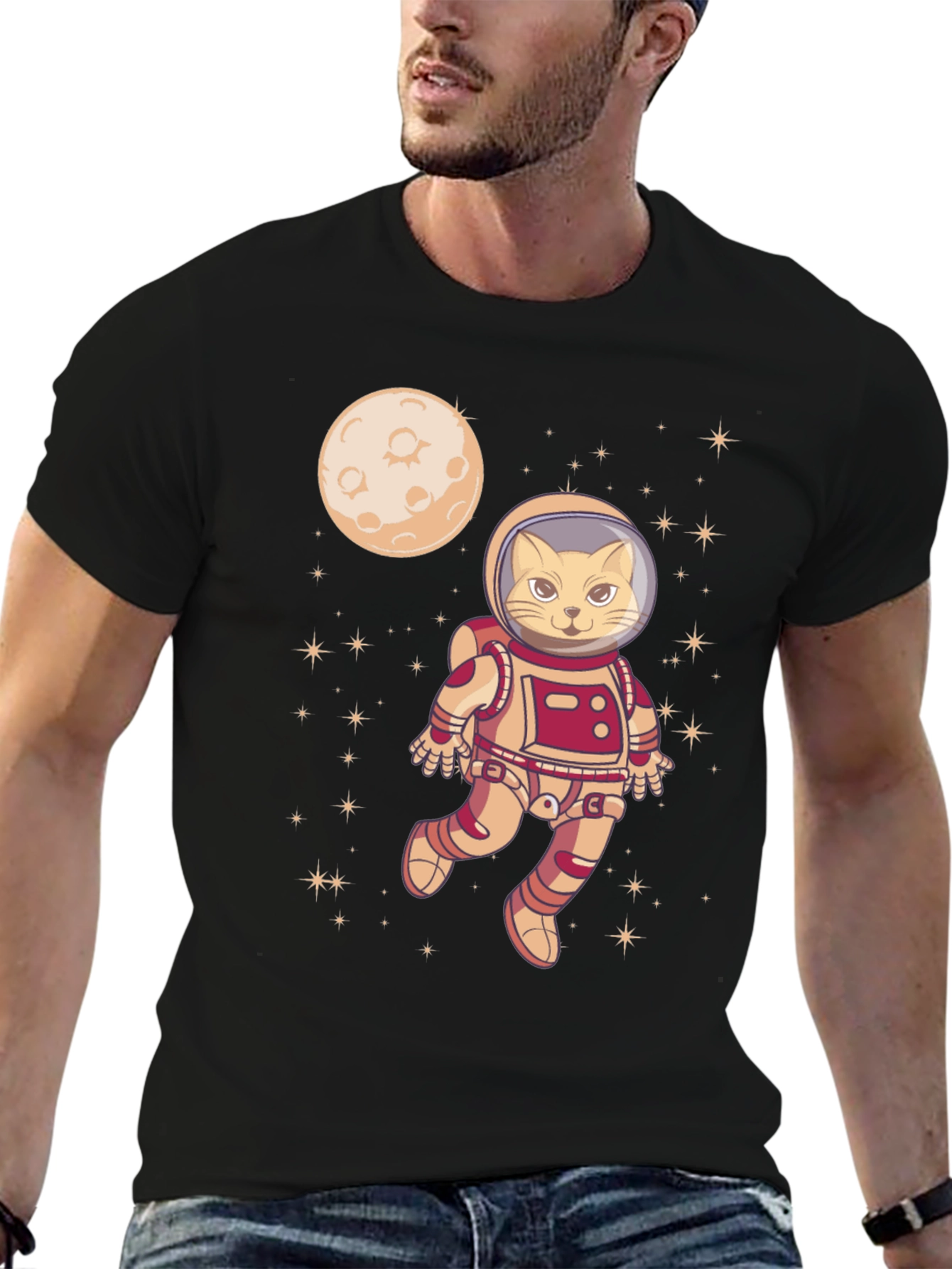 Camiseta Negra con Gato Astronauta Espacial