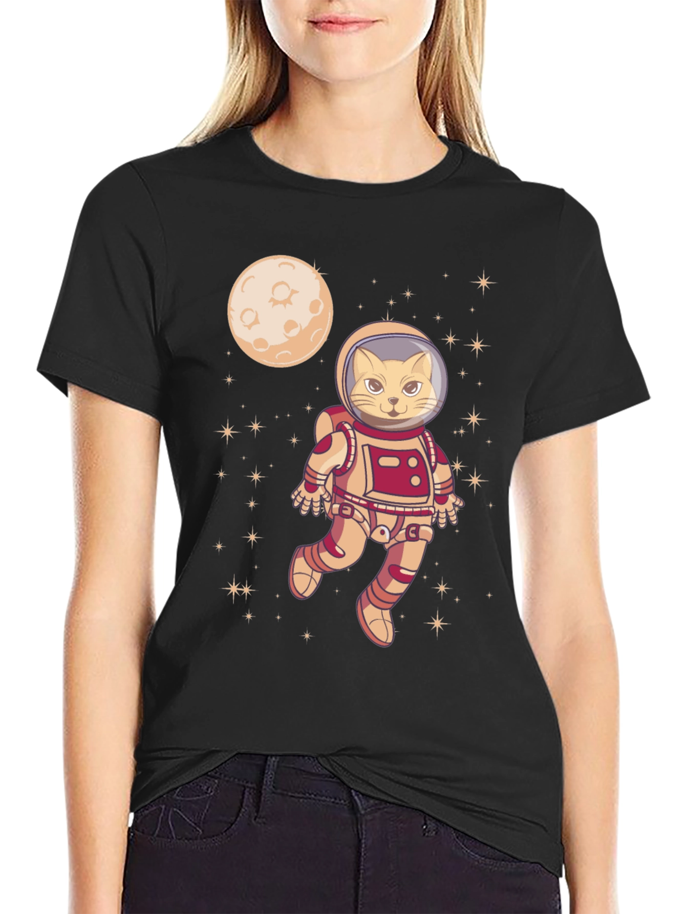 Camiseta Negra con Gato Astronauta Espacial