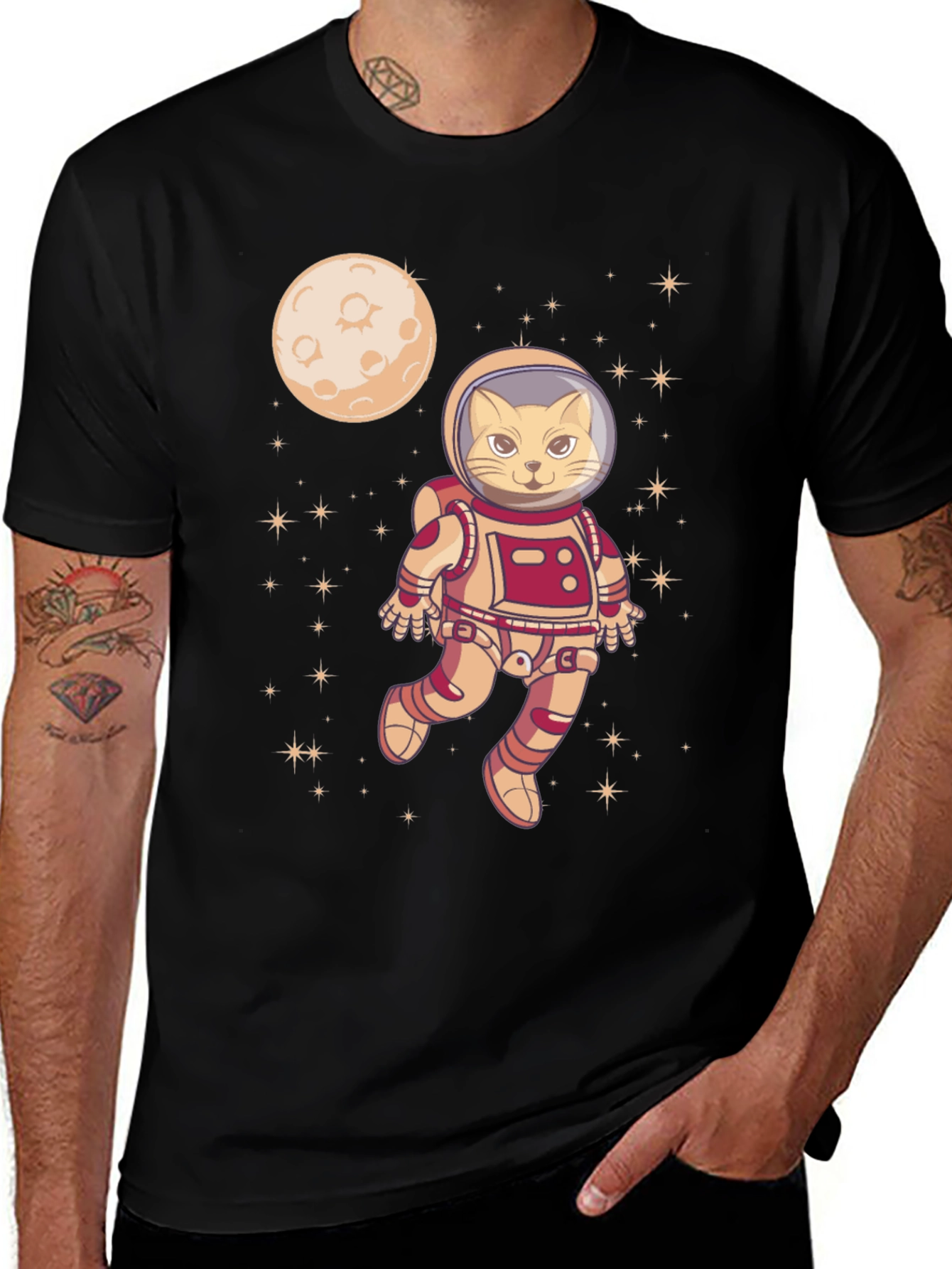 Camiseta Negra con Gato Astronauta Espacial
